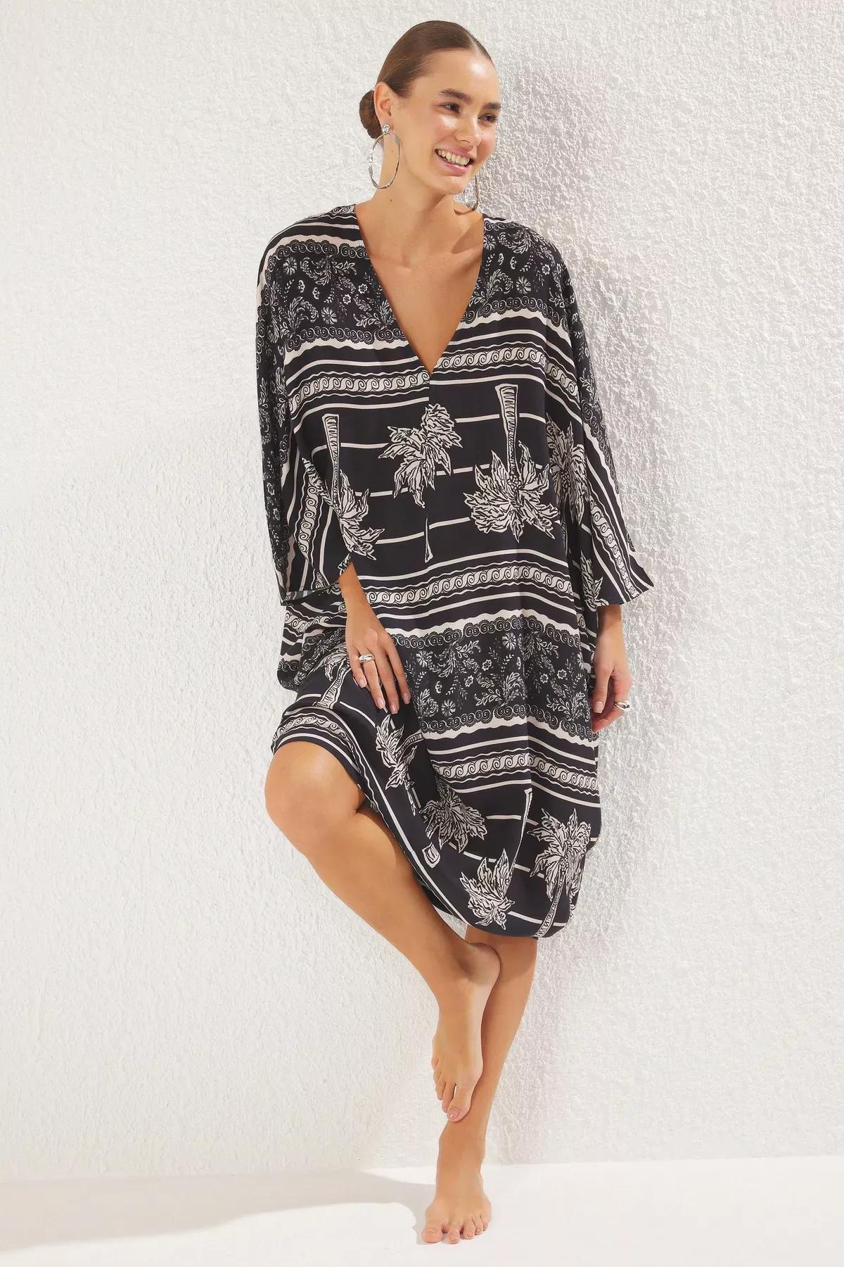 Black Tropical Patterned Midi Dress, Black-Multicolor, medium