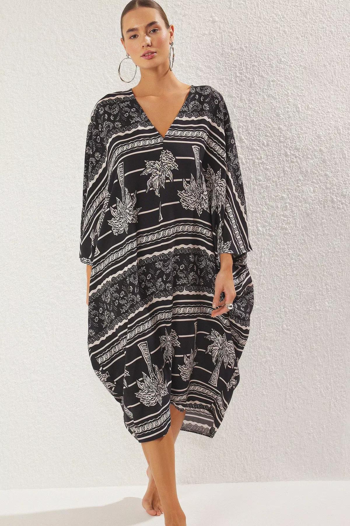 Black Tropical Patterned Midi Dress, Black-Multicolor, large image number 2