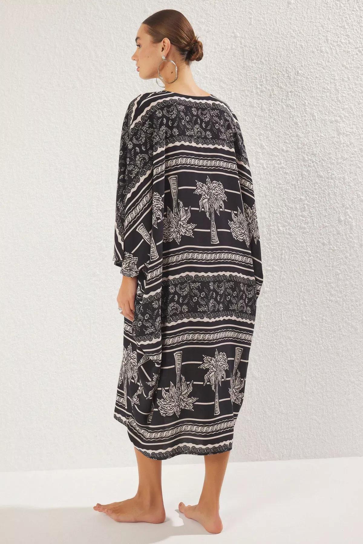 Black Tropical Patterned Midi Dress, Black-Multicolor, large image number 5