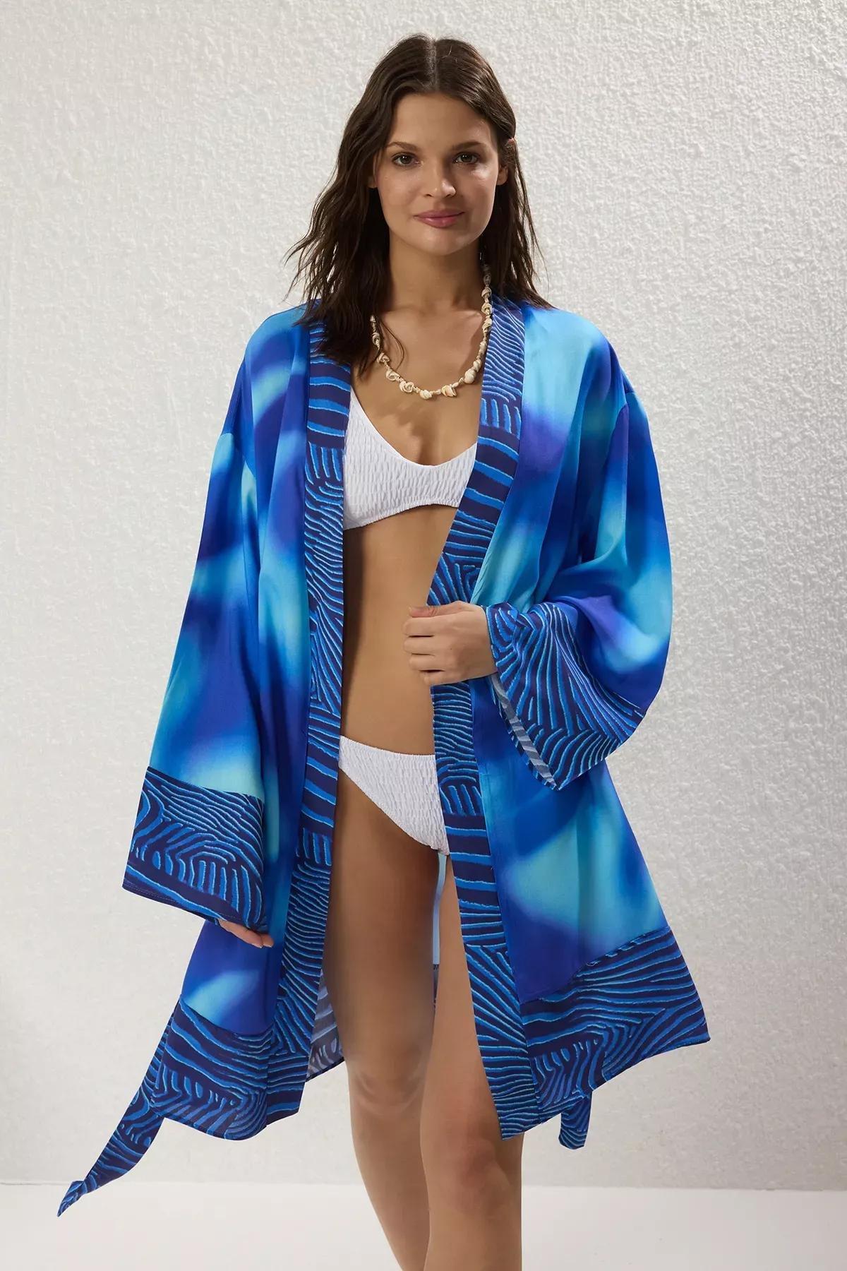 Multicolour Maxi Beach Kimono, Blue-Multicolor, medium
