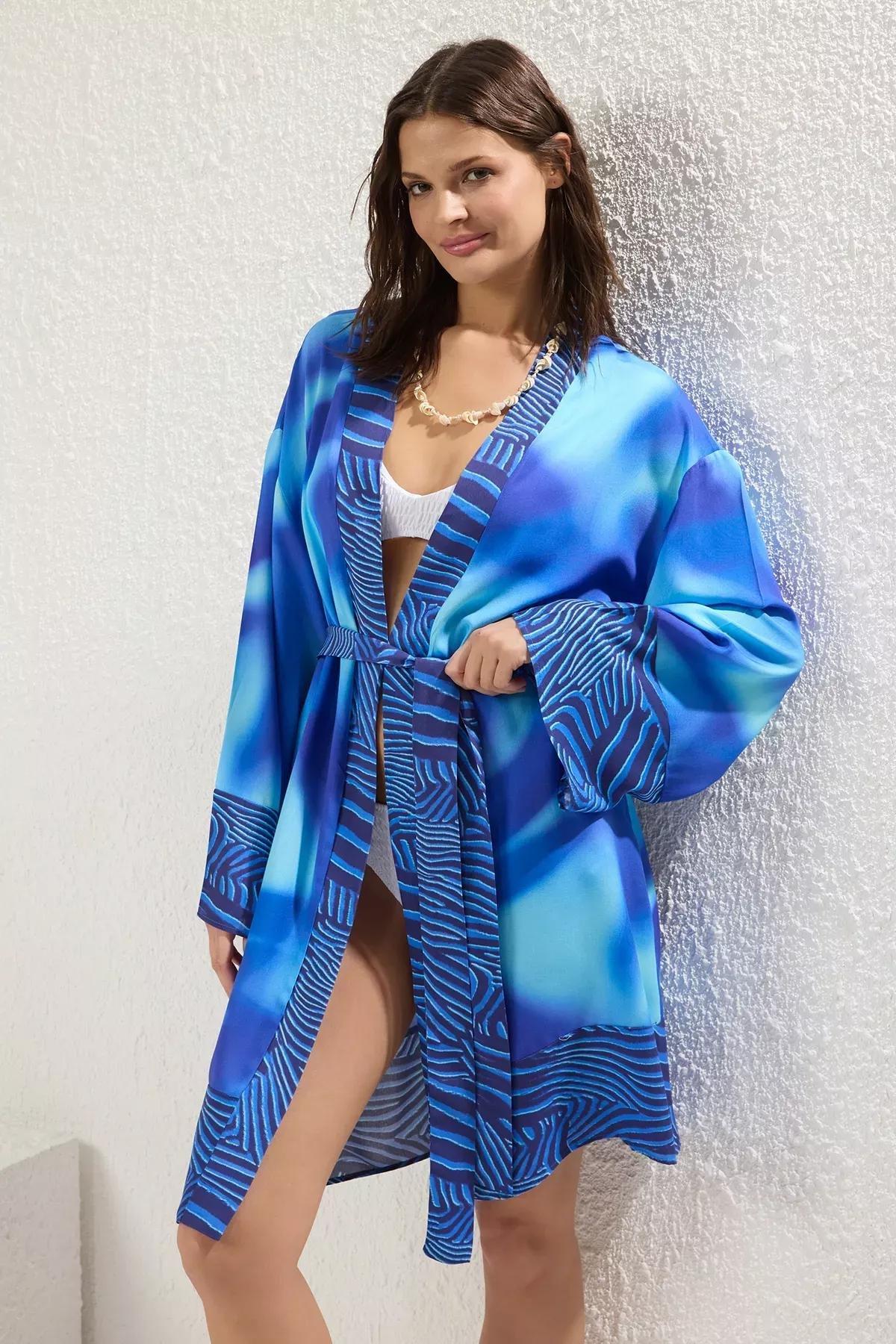 Multicolour Maxi Beach Kimono, Blue-Multicolor, medium