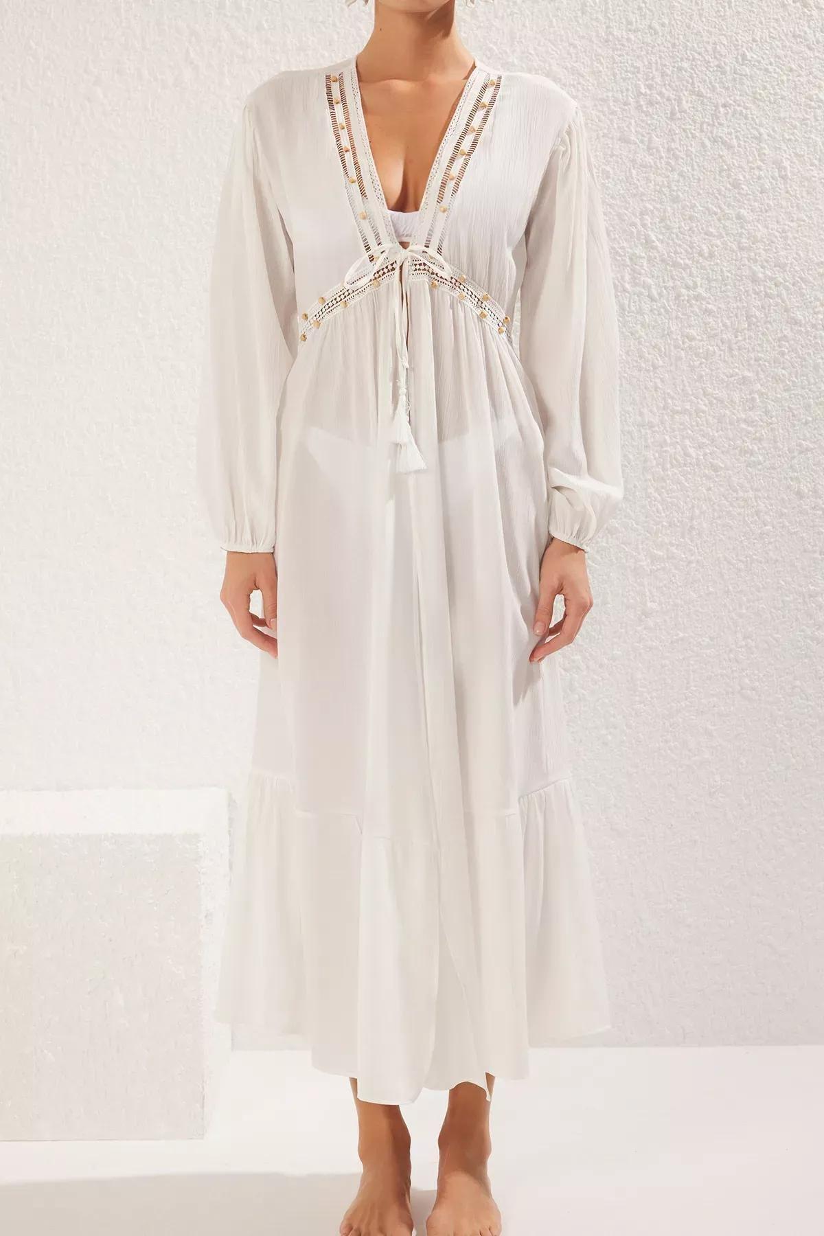 Beige Woven Ribbon Tie Beach Kimono, C101_1635, large image number 3