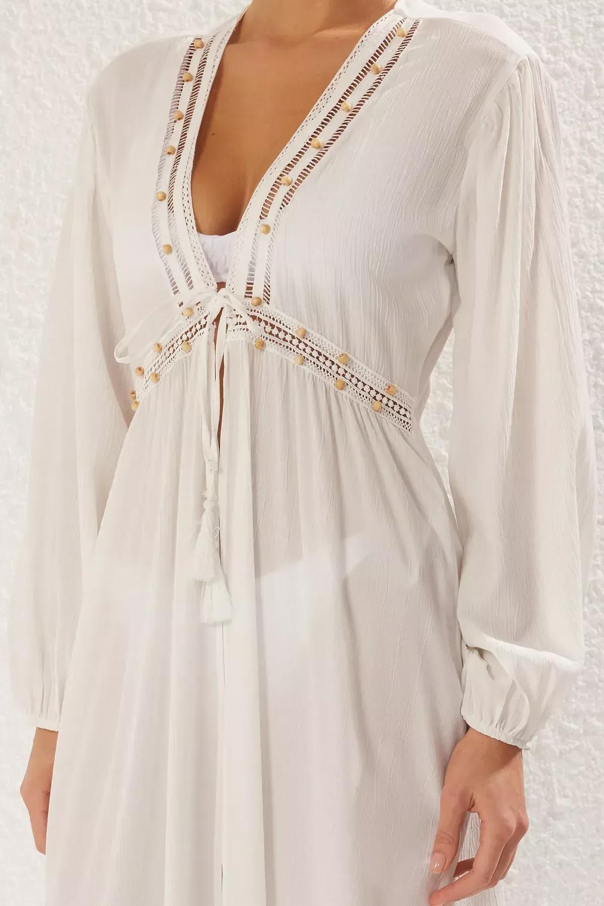 Beige Woven Ribbon Tie Beach Kimono, C101_1635, large image number 4