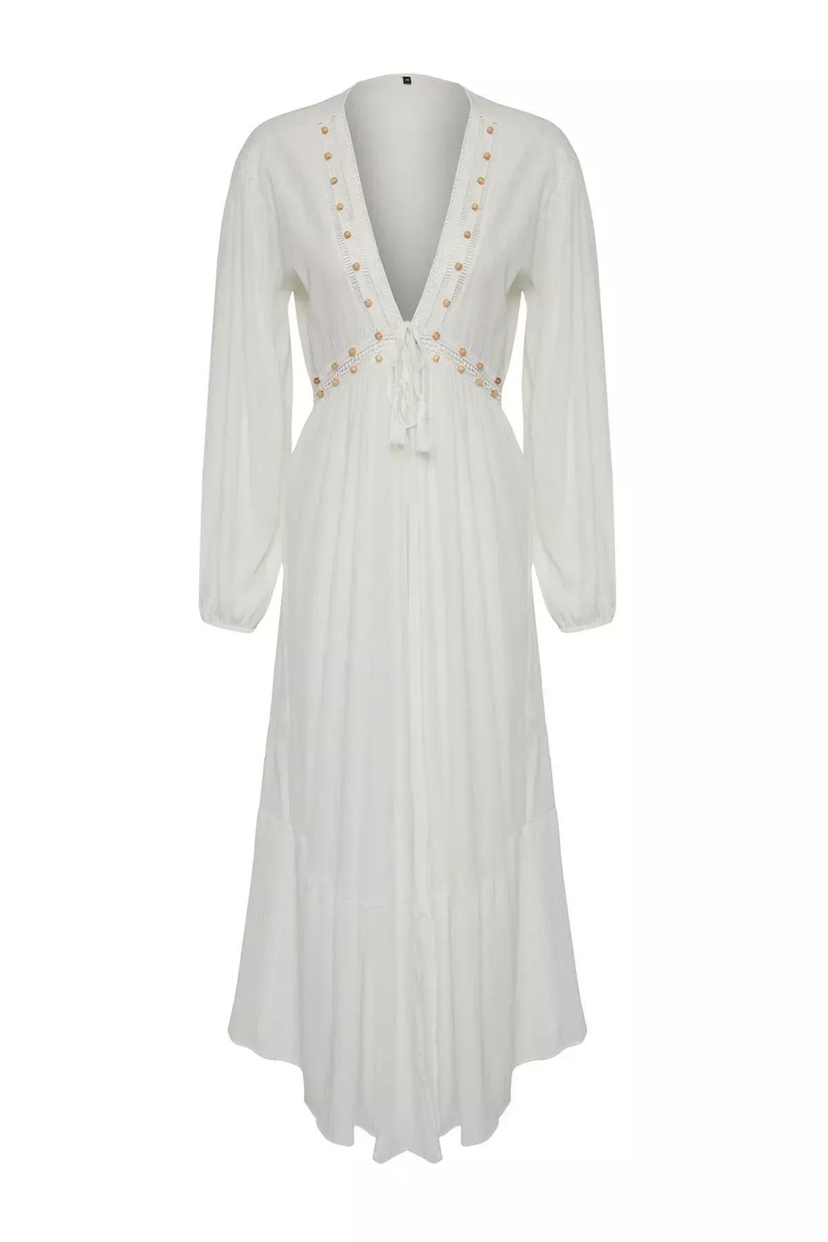 Beige Woven Ribbon Tie Beach Kimono, C101_1635, large image number 5