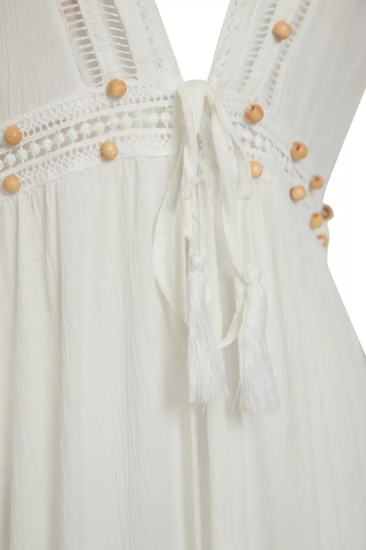 Beige Woven Ribbon Tie Beach Kimono, C101_1635, large image number 6