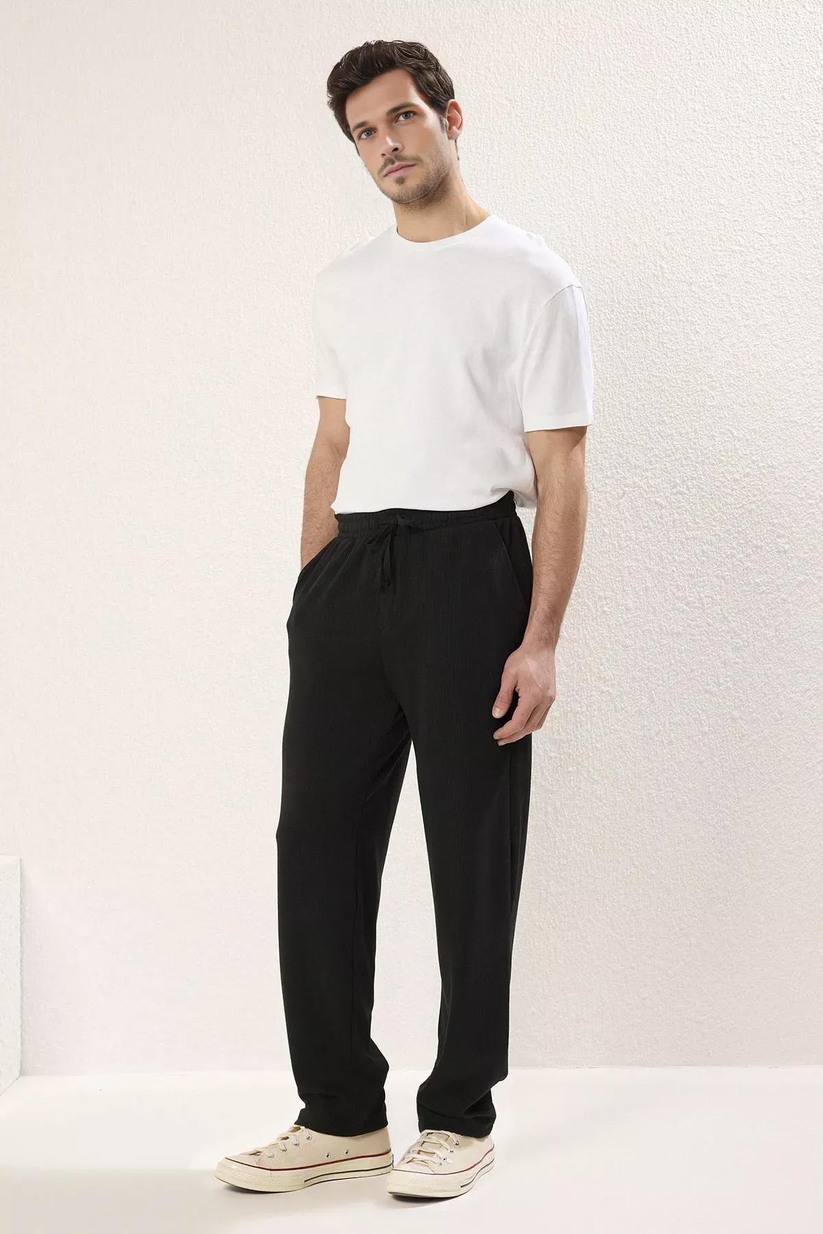 Black Molded Knit Trousers, BLACK, large image number 0