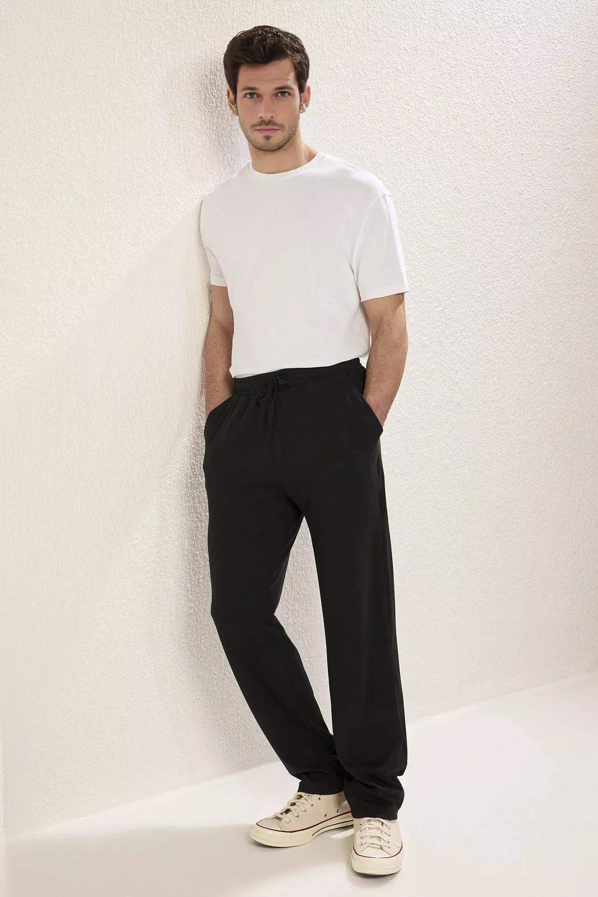 Black Molded Knit Trousers, BLACK, large image number 1