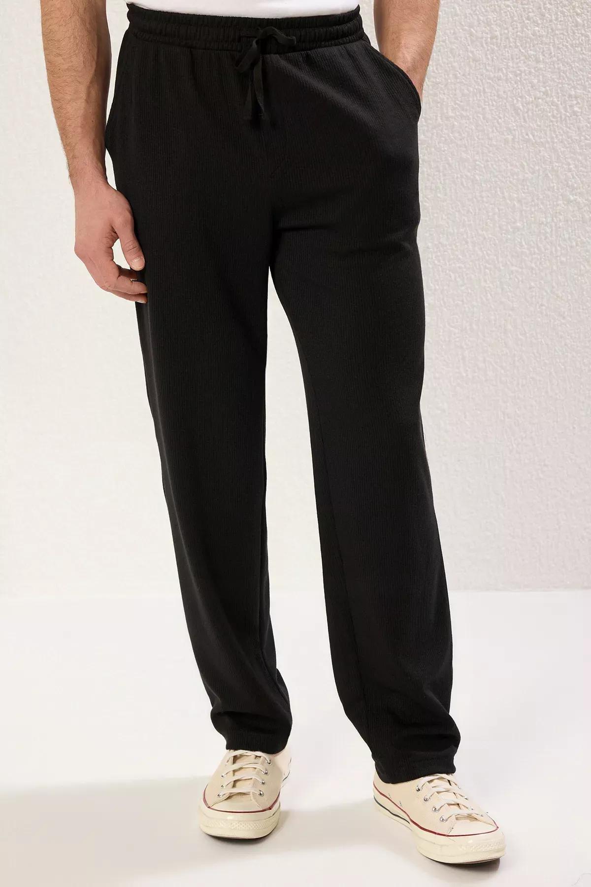 Black Molded Knit Trousers, BLACK, large image number 2