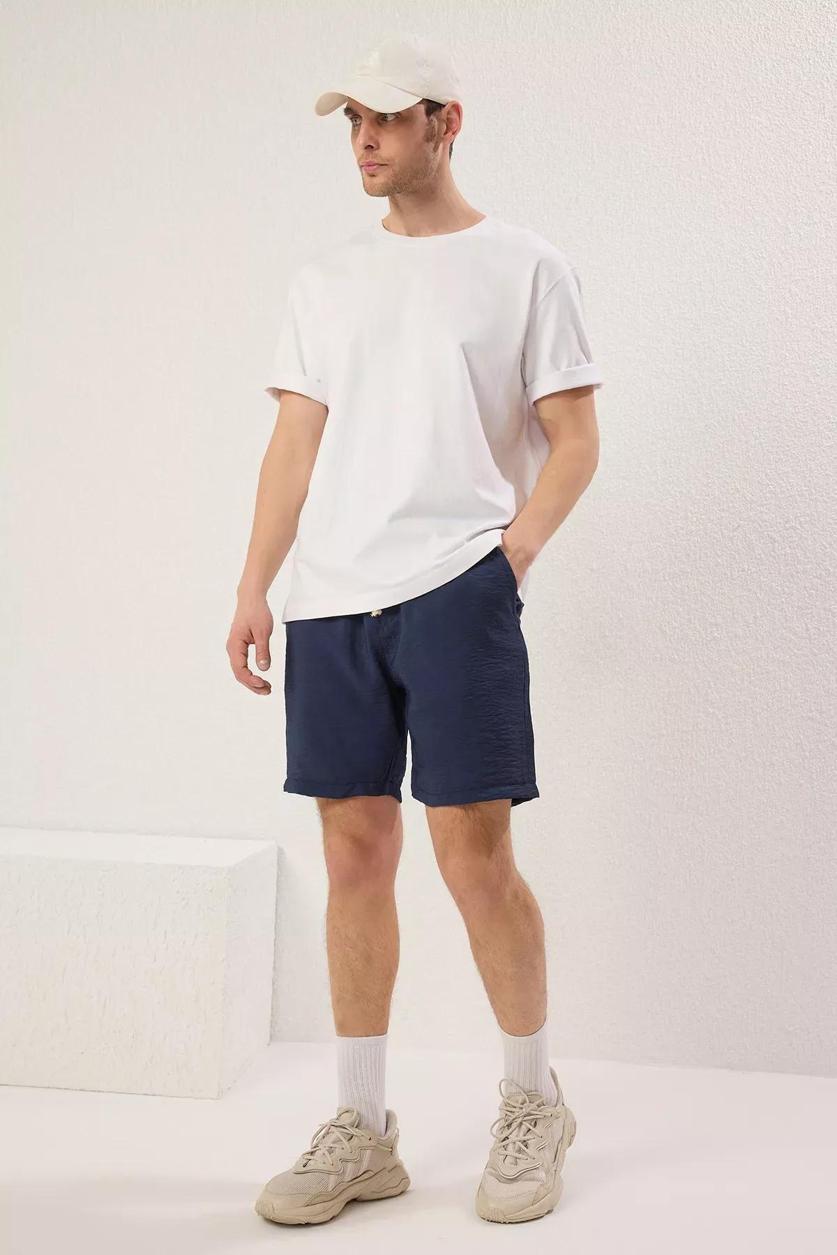 Navy Linen Look Shorts, , large image number 1