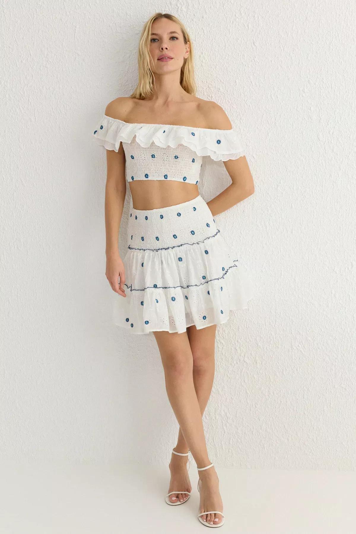 White Ruffle Embroidered Blouse, White, large image number 2