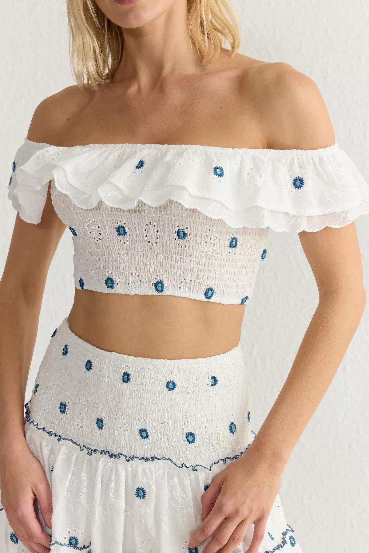 White Ruffle Embroidered Blouse, White, large image number 4