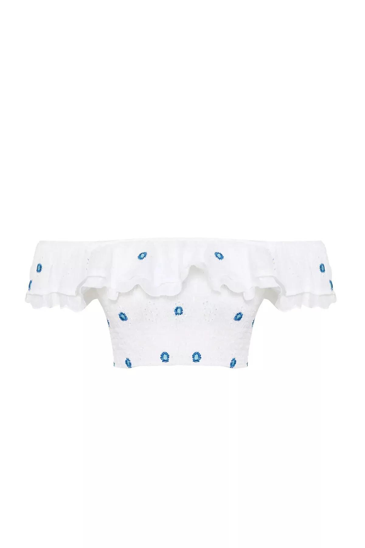 White Ruffle Embroidered Blouse, White, large image number 6