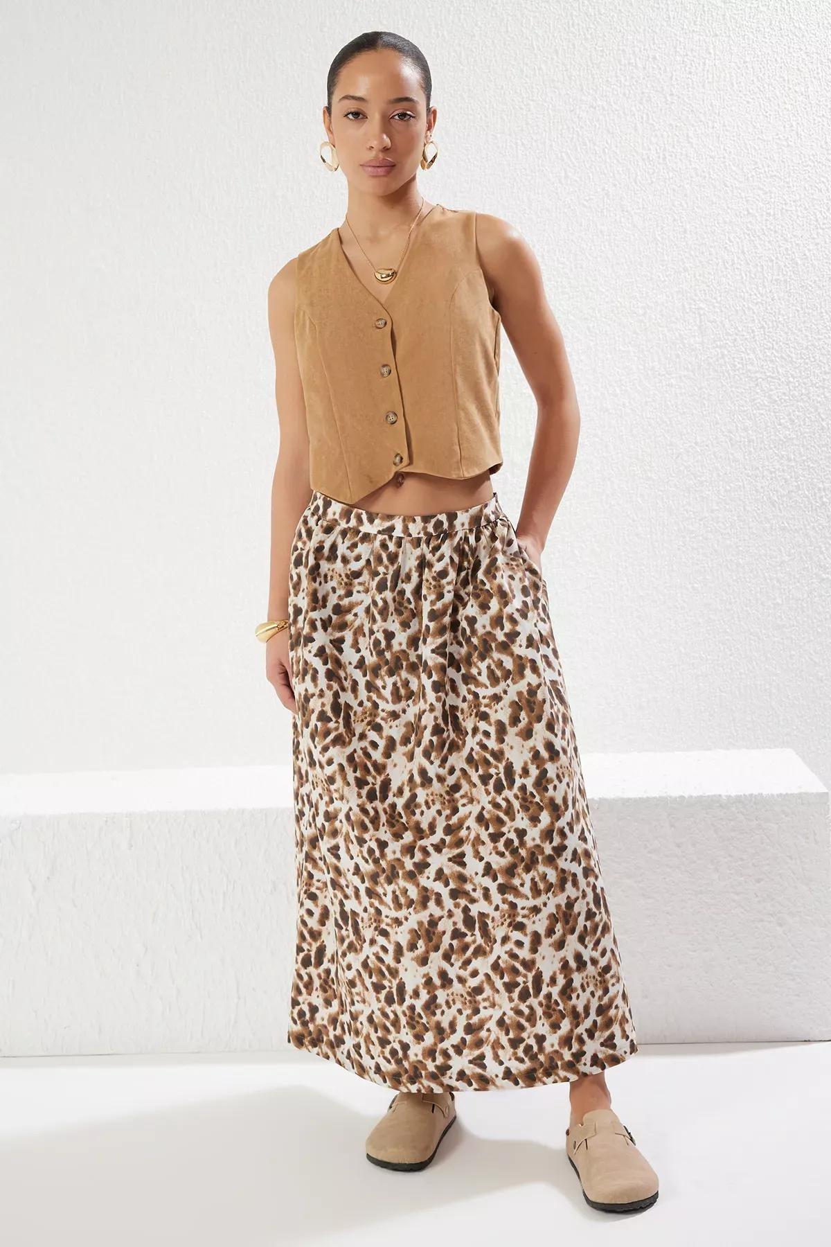 Brown Leopard A-line Maxi Skirt, , large image number 2