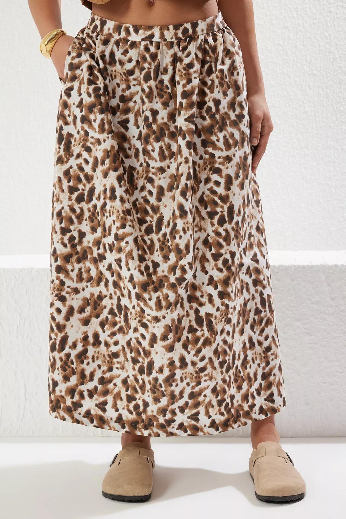 Brown Leopard A-line Maxi Skirt, , large image number 3