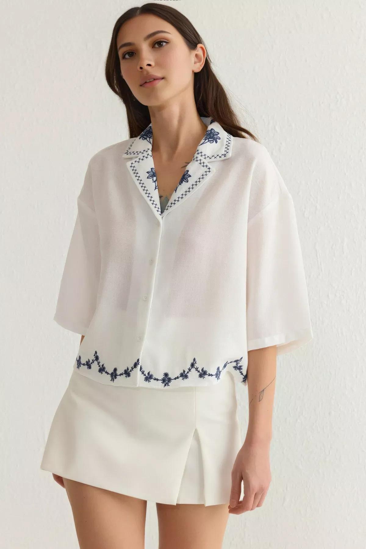 White Collar Hem Detail Shirt, , large image number 1