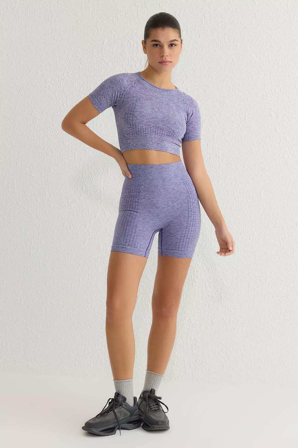Purple Seamless Knitted Sports Shorts, Lilac, large image number 0