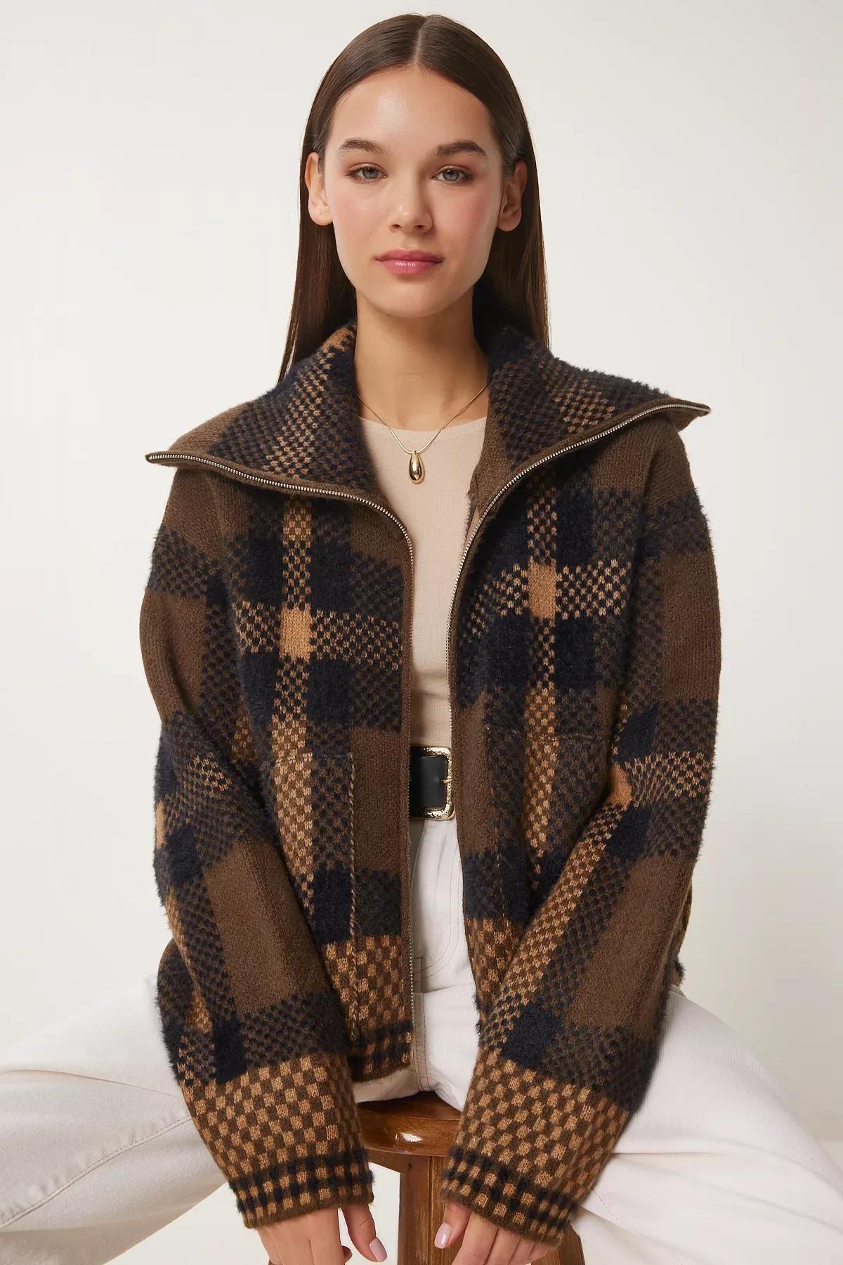 Multicolour Checked Zippered Knitted Cardigan, Brown Beige, large image number 0