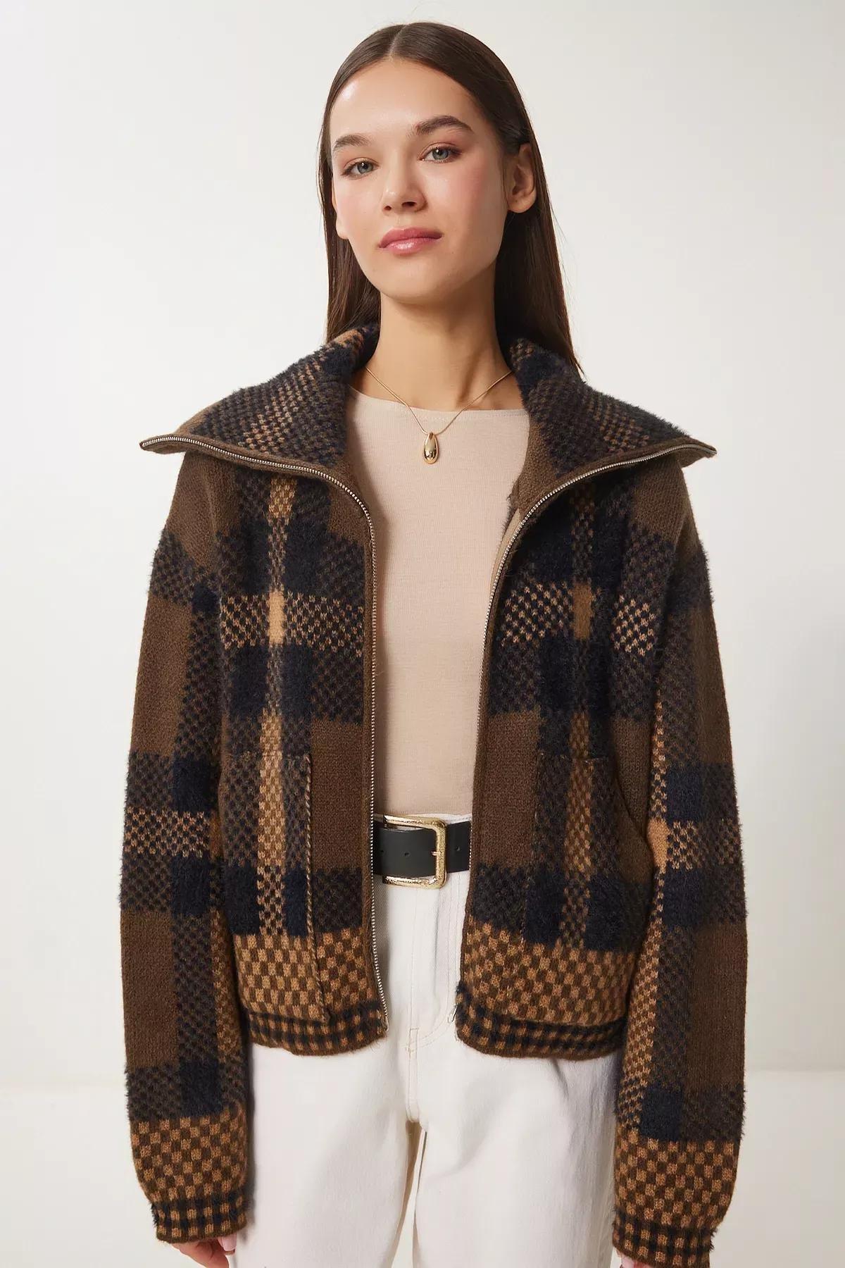 Multicolour Checked Zippered Knitted Cardigan, Brown Beige, large image number 1