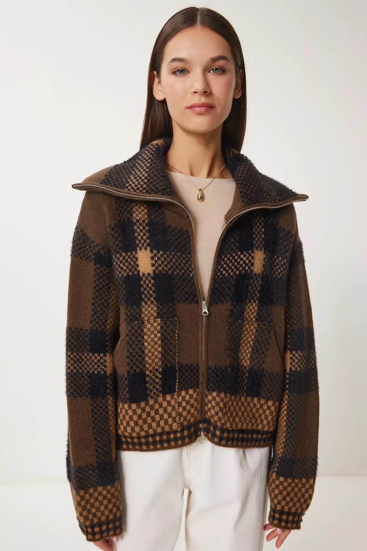 Multicolour Checked Zippered Knitted Cardigan, Brown Beige, large image number 2