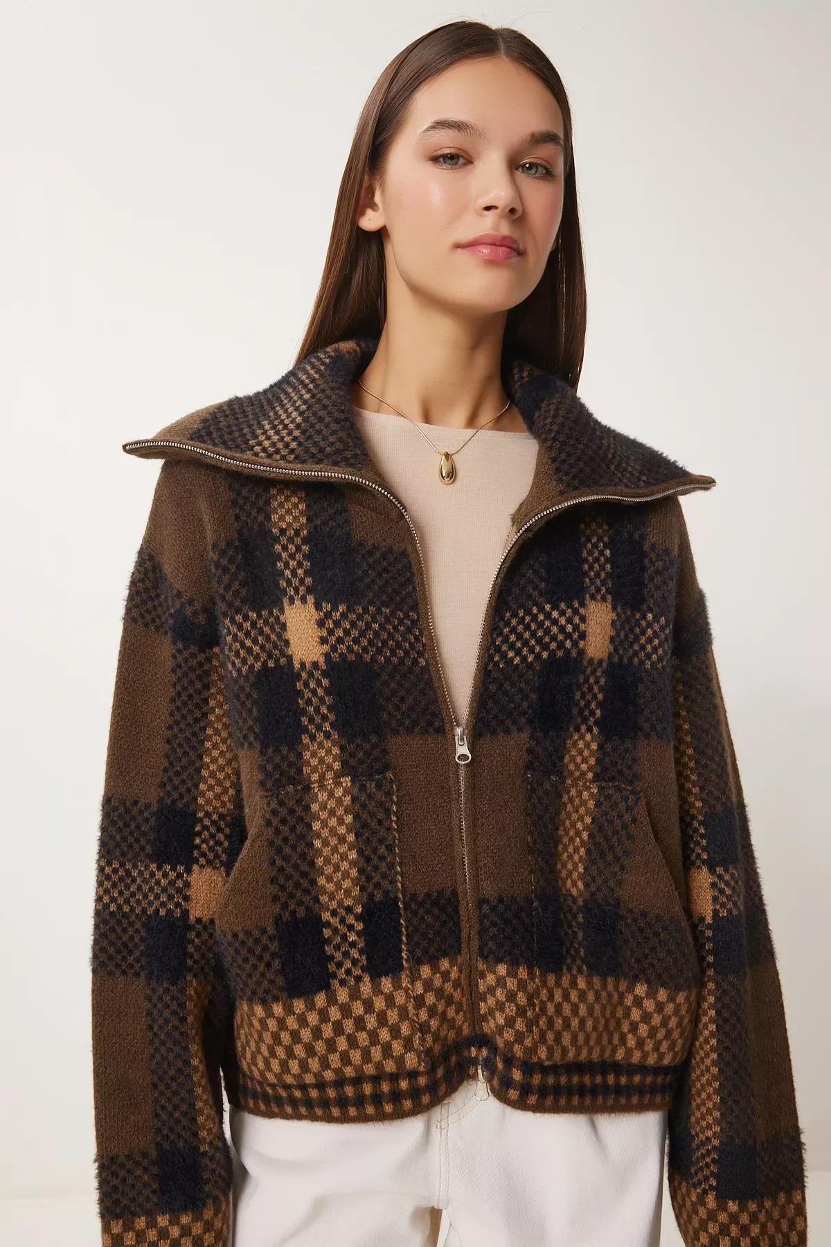 Multicolour Checked Zippered Knitted Cardigan, Brown Beige, large image number 3