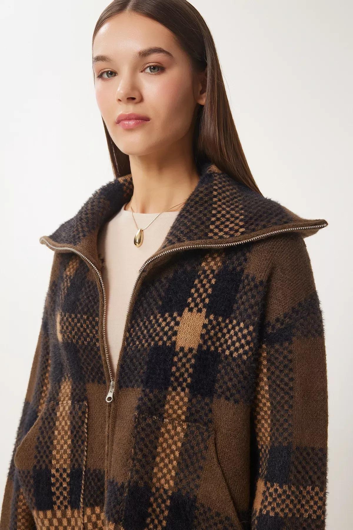 Multicolour Checked Zippered Knitted Cardigan, Brown Beige, large image number 4