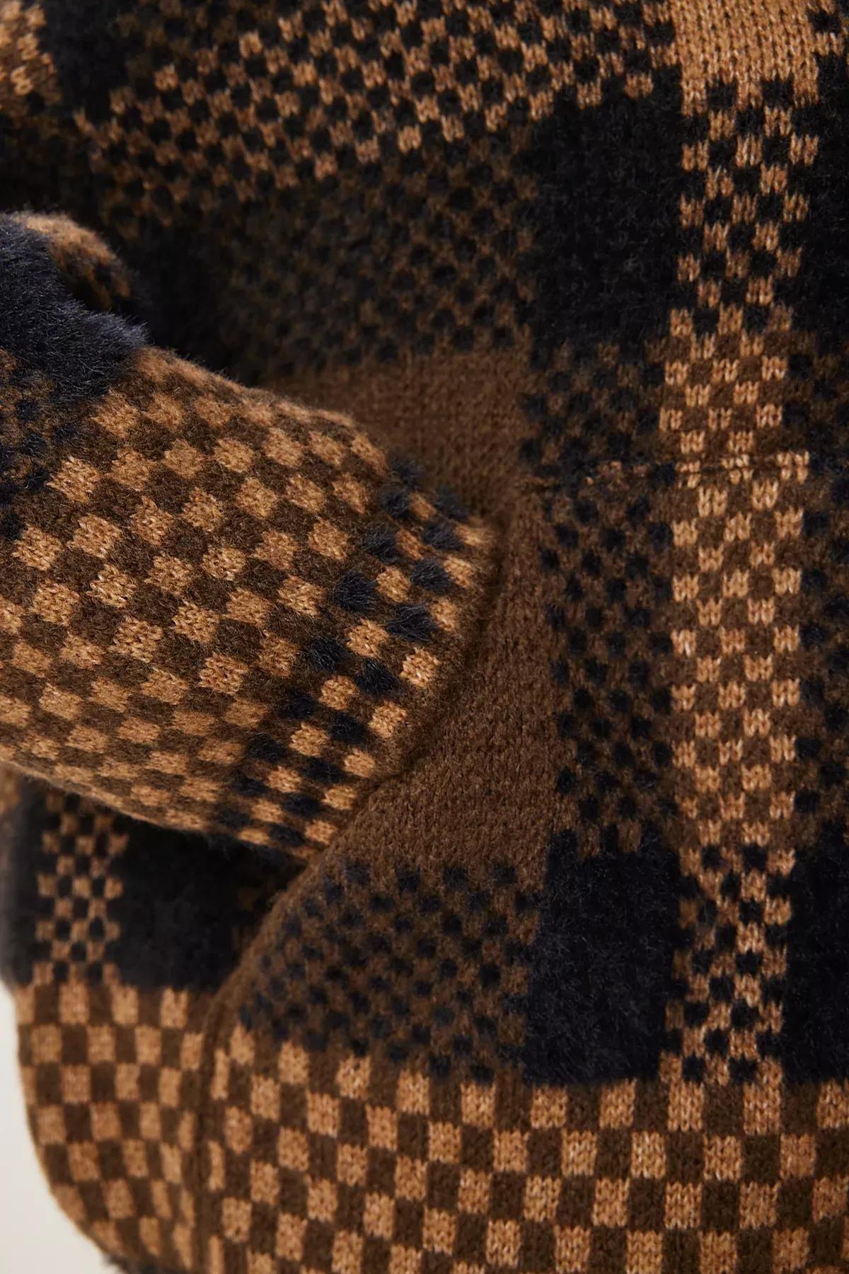 Multicolour Checked Zippered Knitted Cardigan, Brown Beige, large image number 5