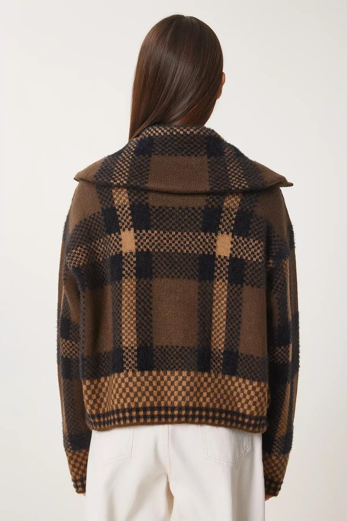 Multicolour Checked Zippered Knitted Cardigan, Brown Beige, large image number 6