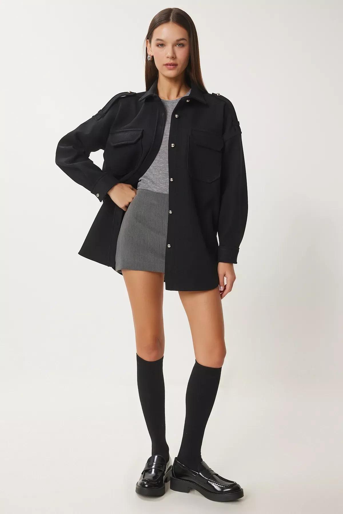 Black Epaulettes Pocket Shirt Jacket, , large image number 0