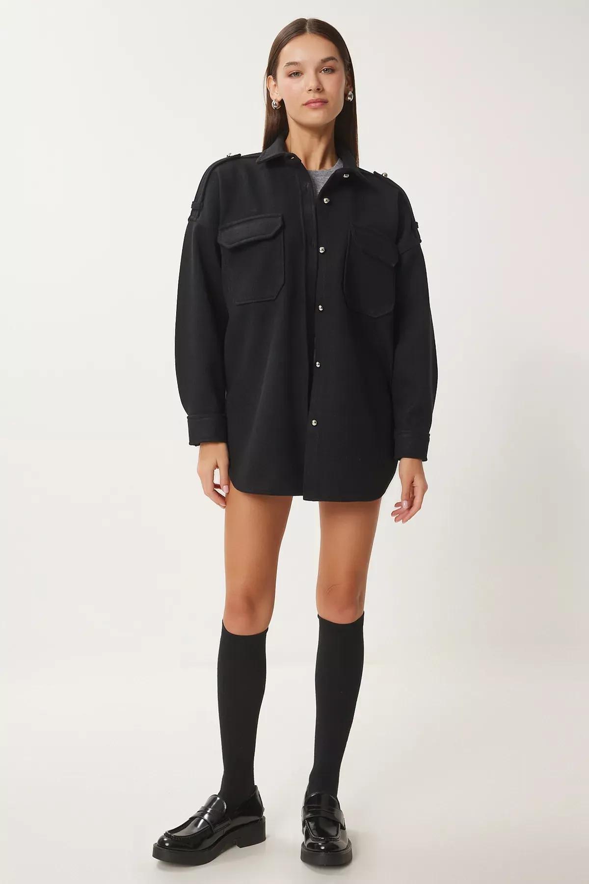 Black Epaulettes Pocket Shirt Jacket, , large image number 1