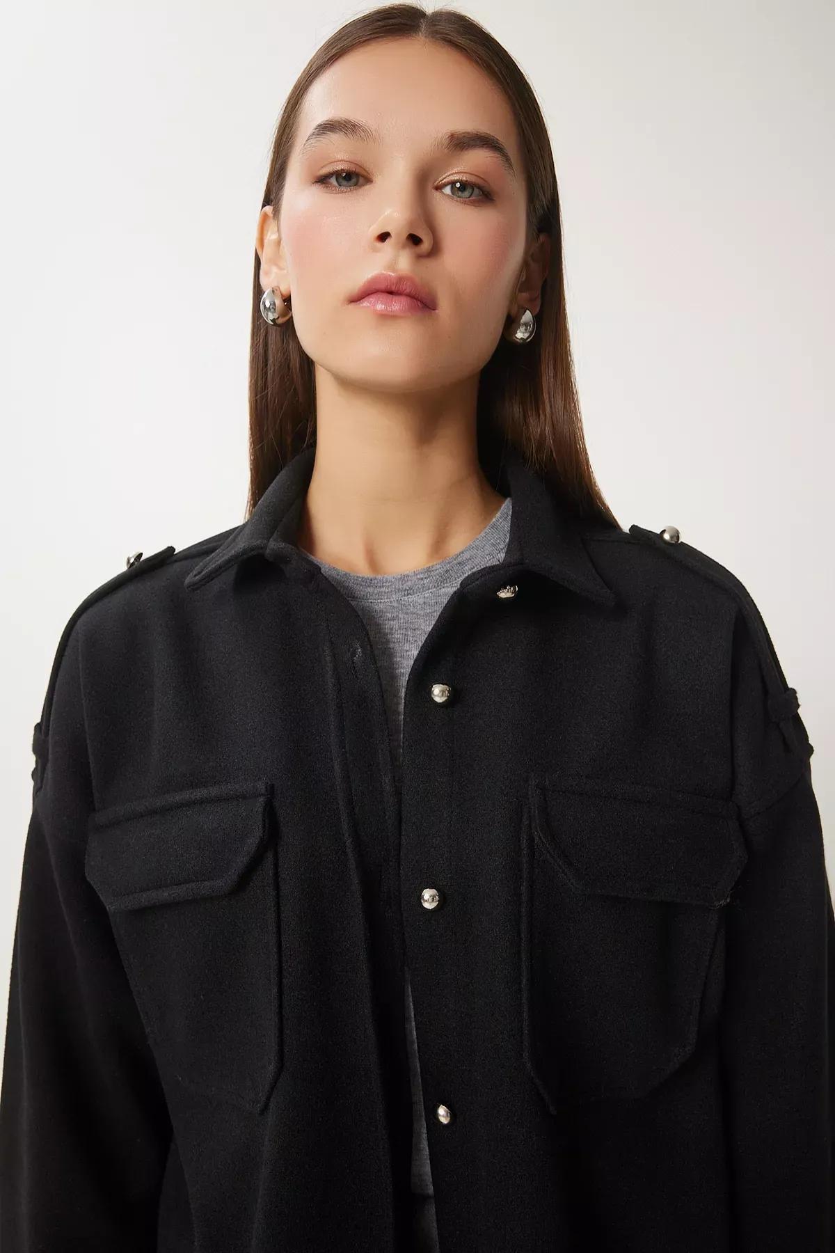 Black Epaulettes Pocket Shirt Jacket, , large image number 2