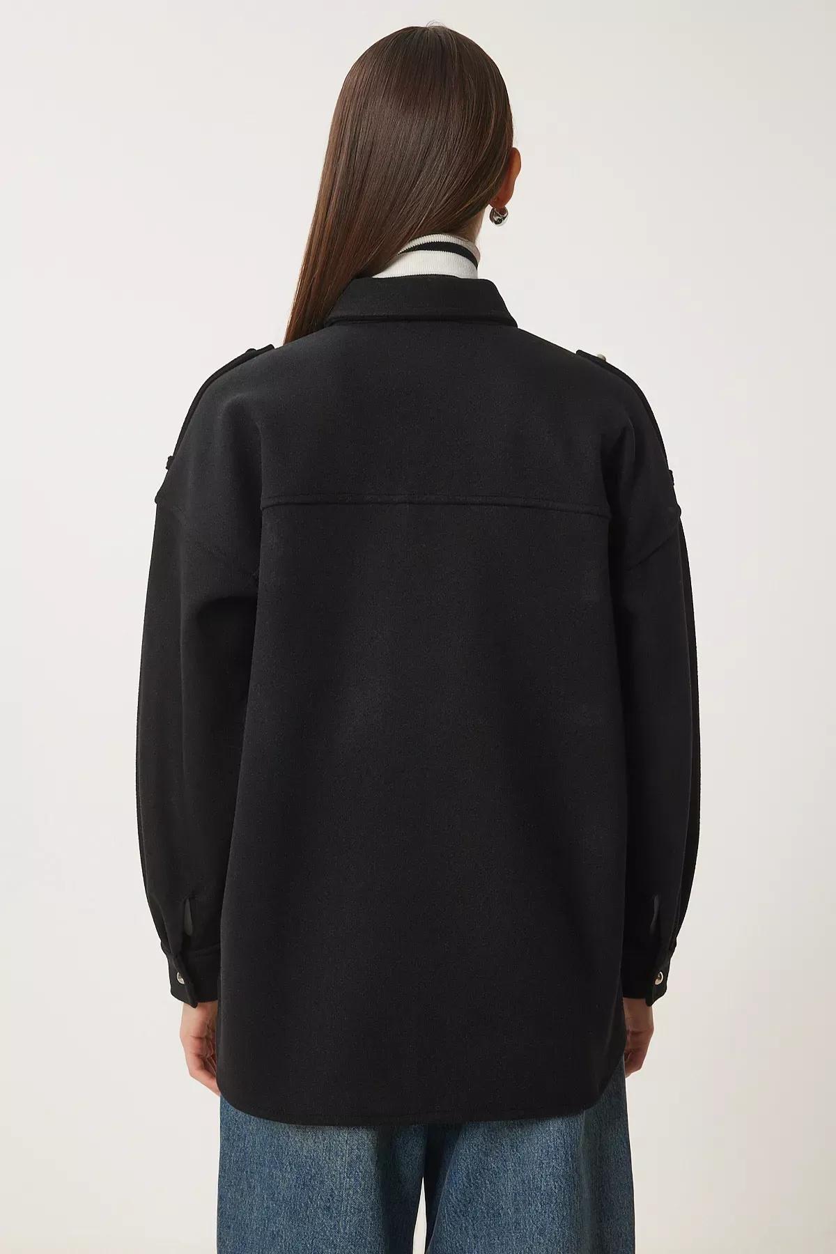 Black Epaulettes Pocket Shirt Jacket, , large image number 3