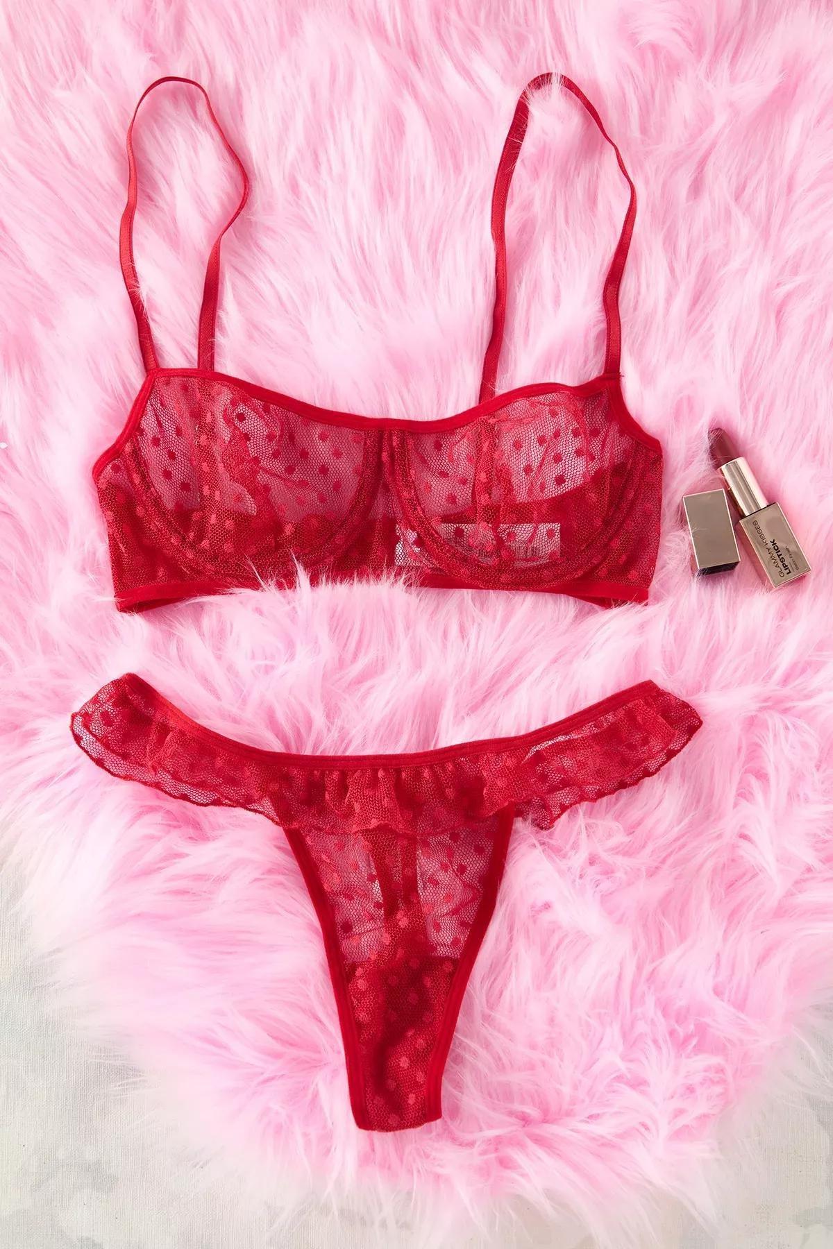 Red Lace Polka Dot Lingerie Set, Red, large image number 4