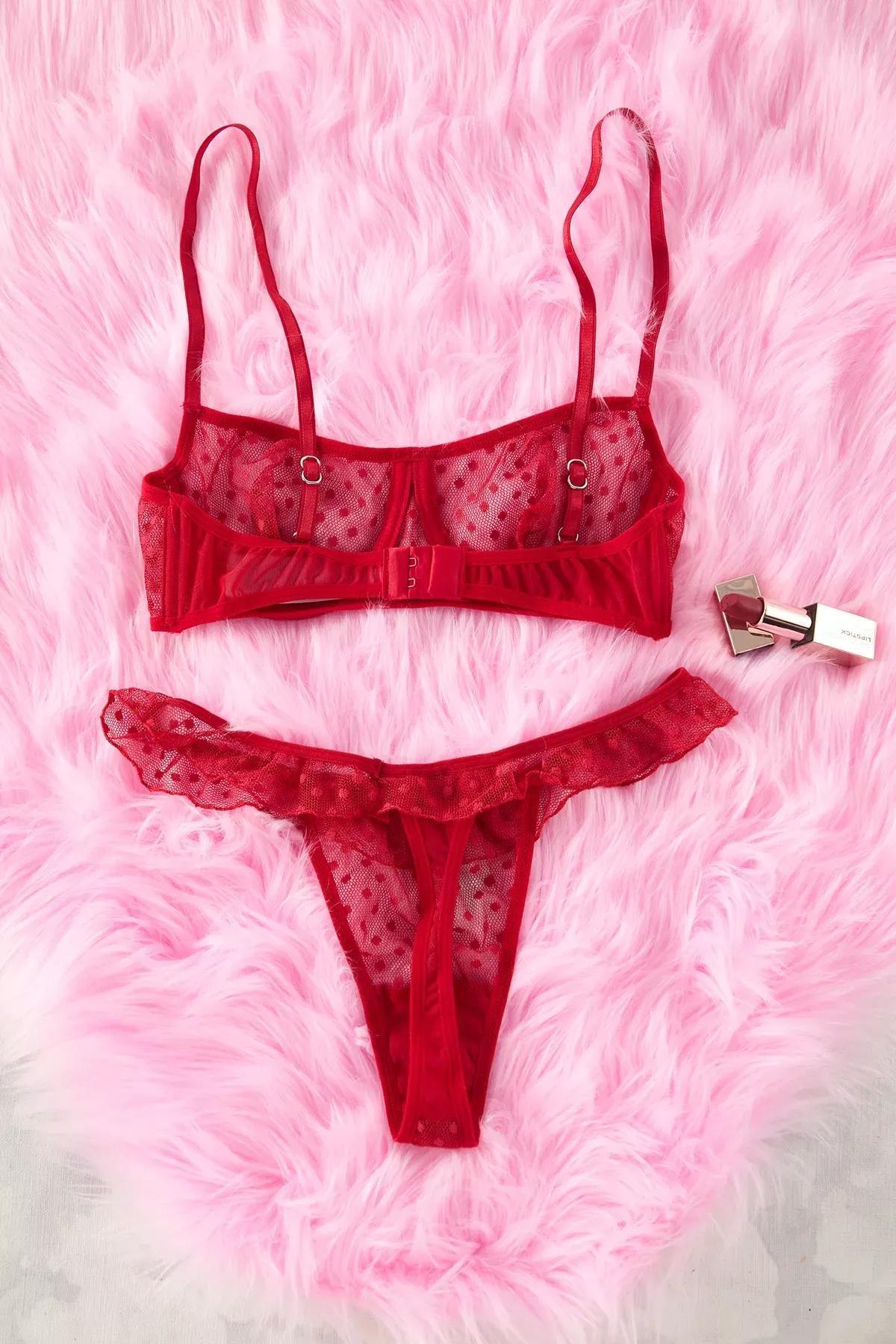 Red Lace Polka Dot Lingerie Set, Red, large image number 5