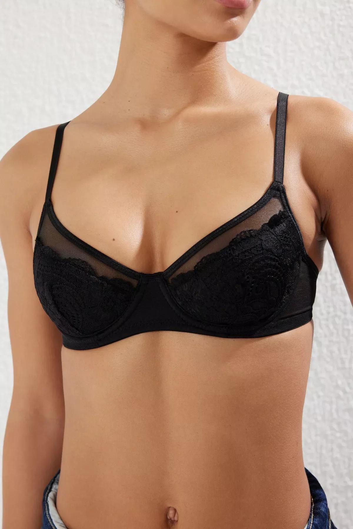Black Lace Underwire Openwork Bra, BLACK, large image number 2
