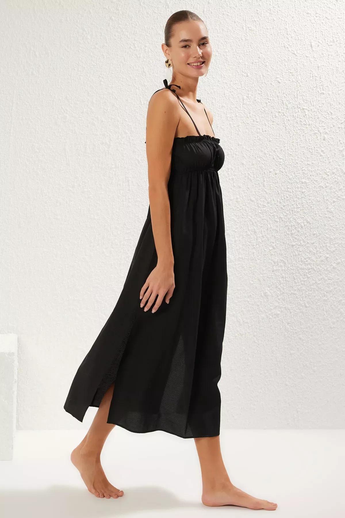 Black Poplin Midi Dress, , large image number 0