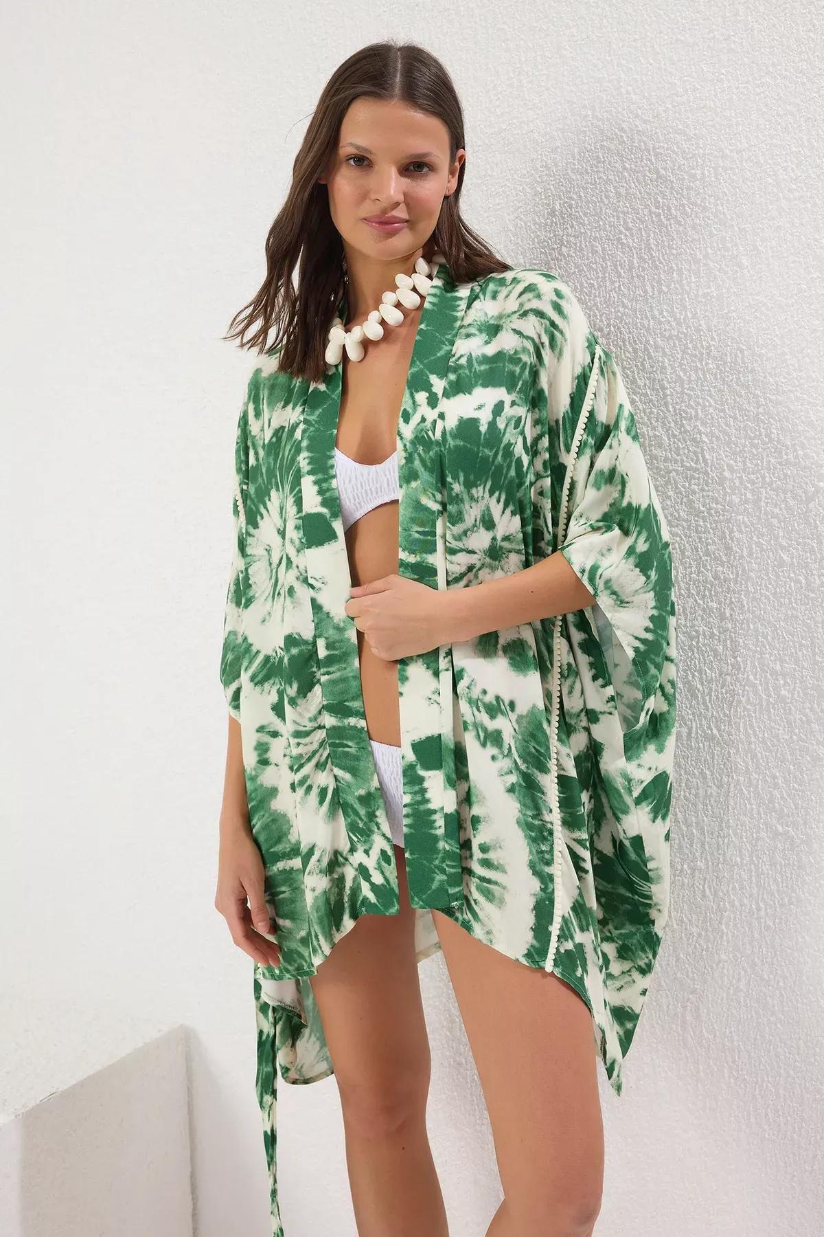 Green Abstract Patterned Beach Kimono, Very colorful, large image number 0