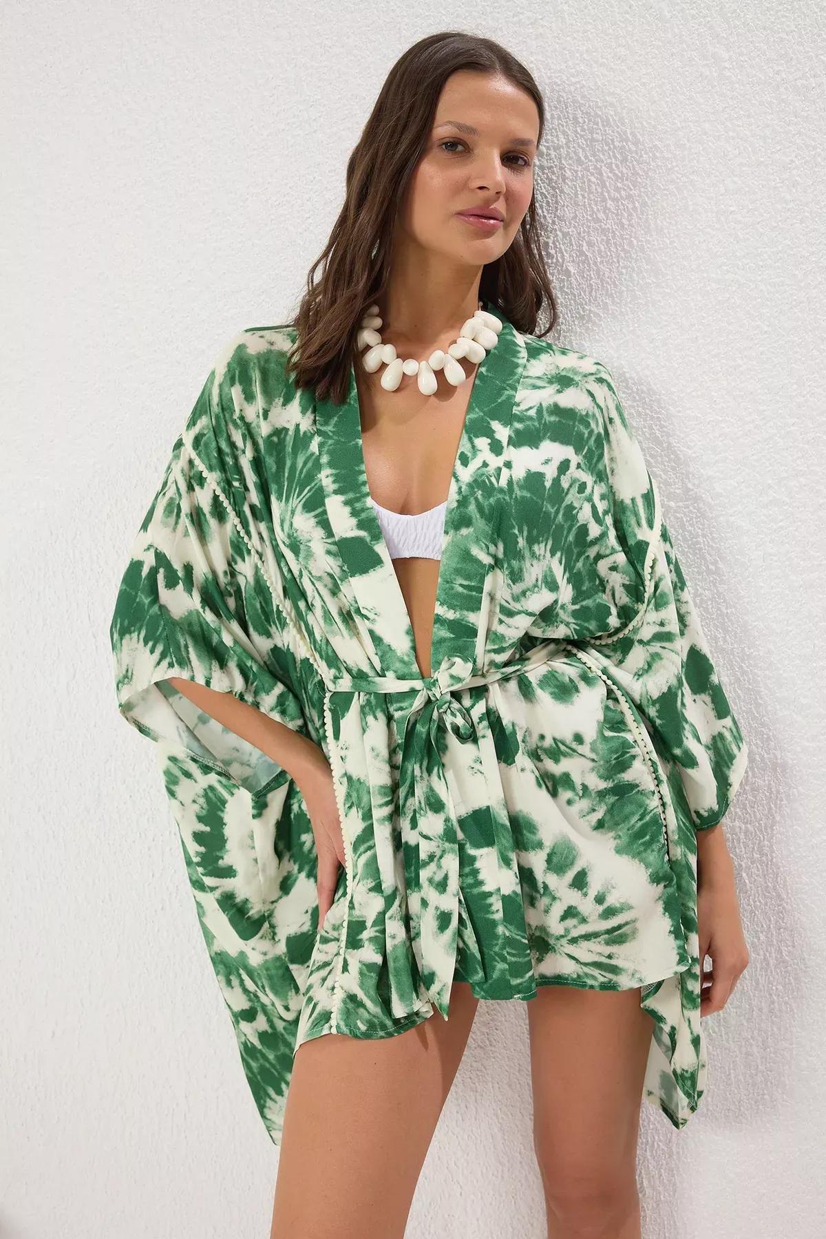 Green Abstract Patterned Beach Kimono, Very colorful, large image number 1