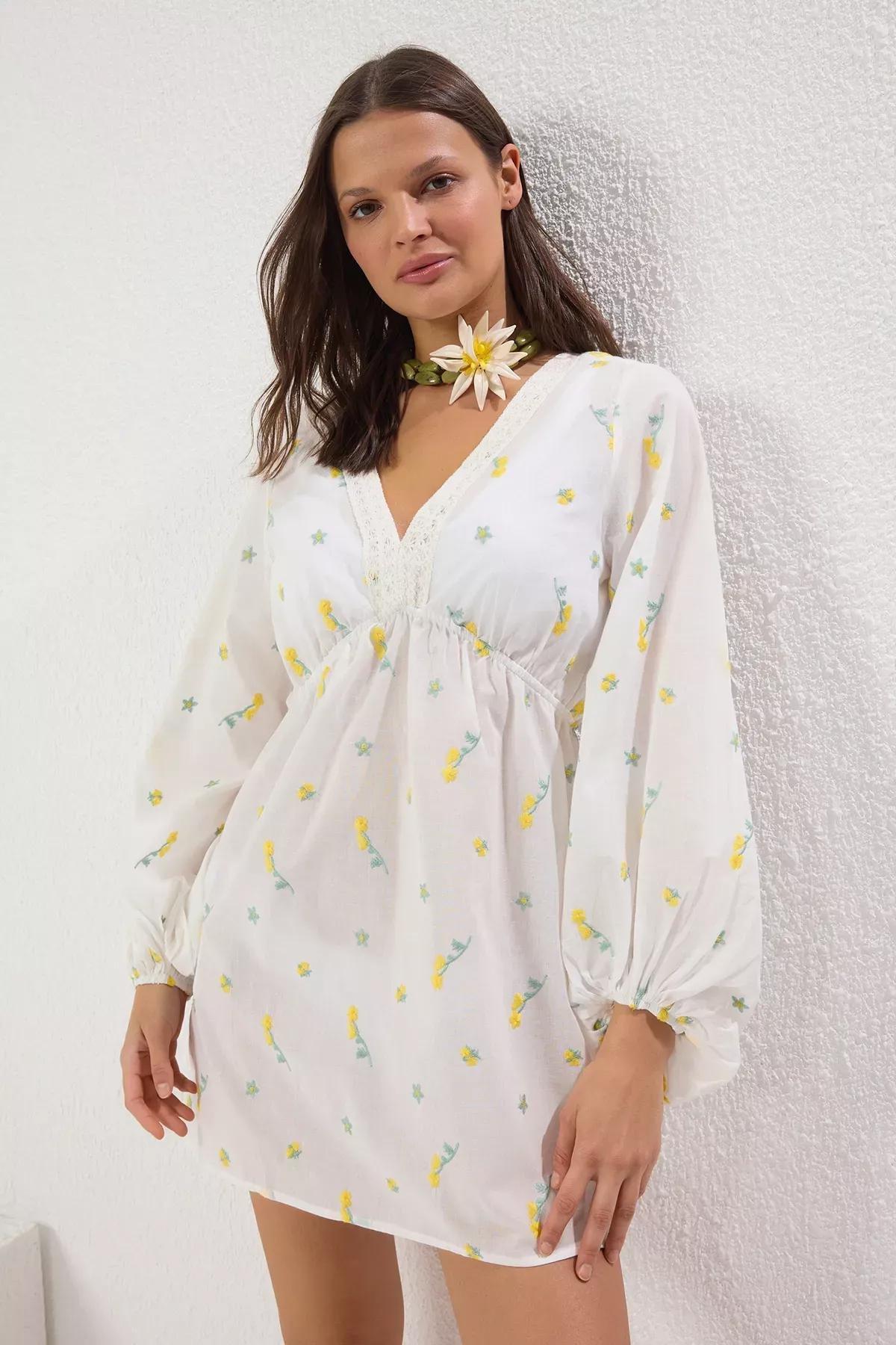 White Floral Patterned Linen Dress, Very colorful, large image number 0