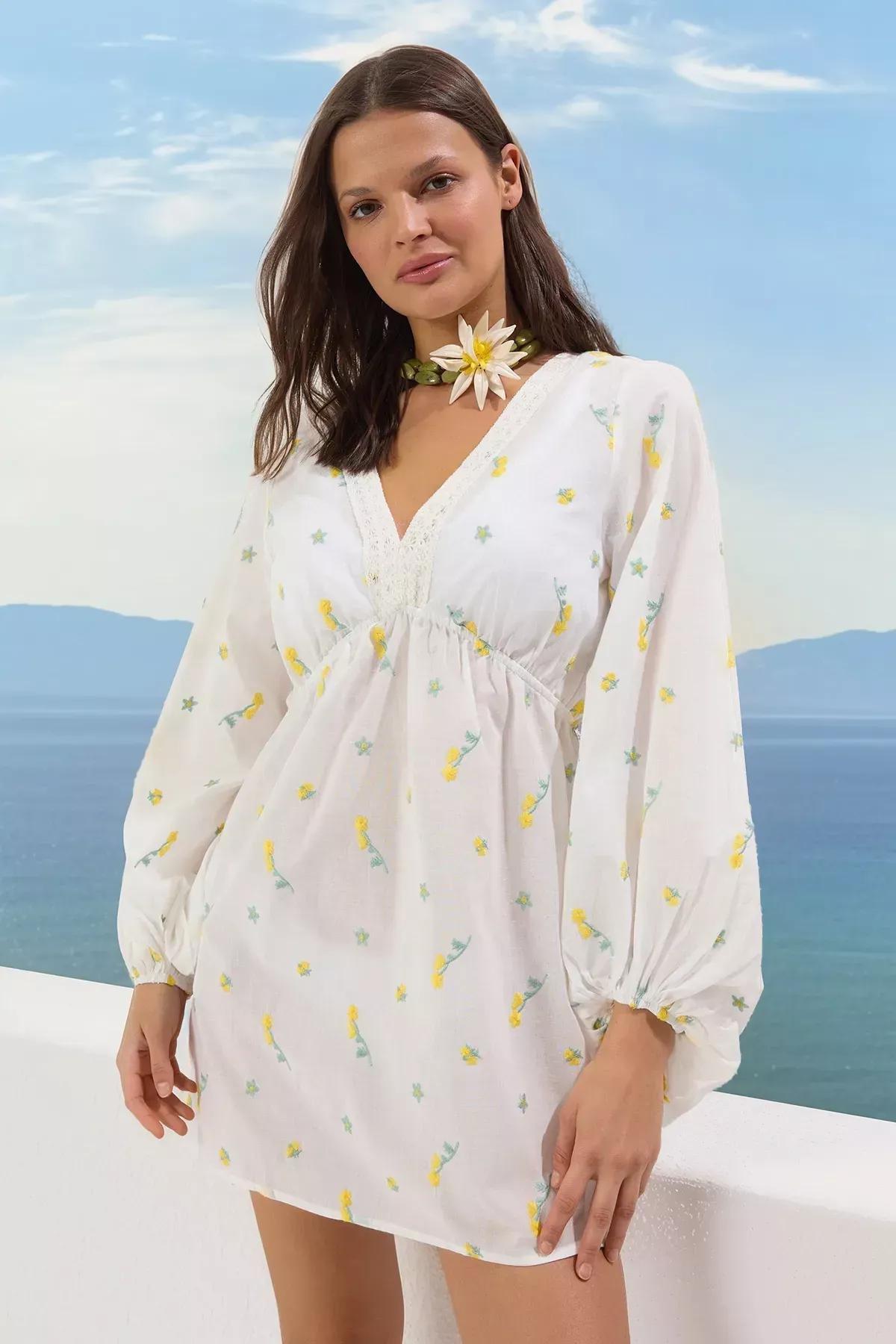 White Floral Patterned Linen Dress, Very colorful, large image number 1