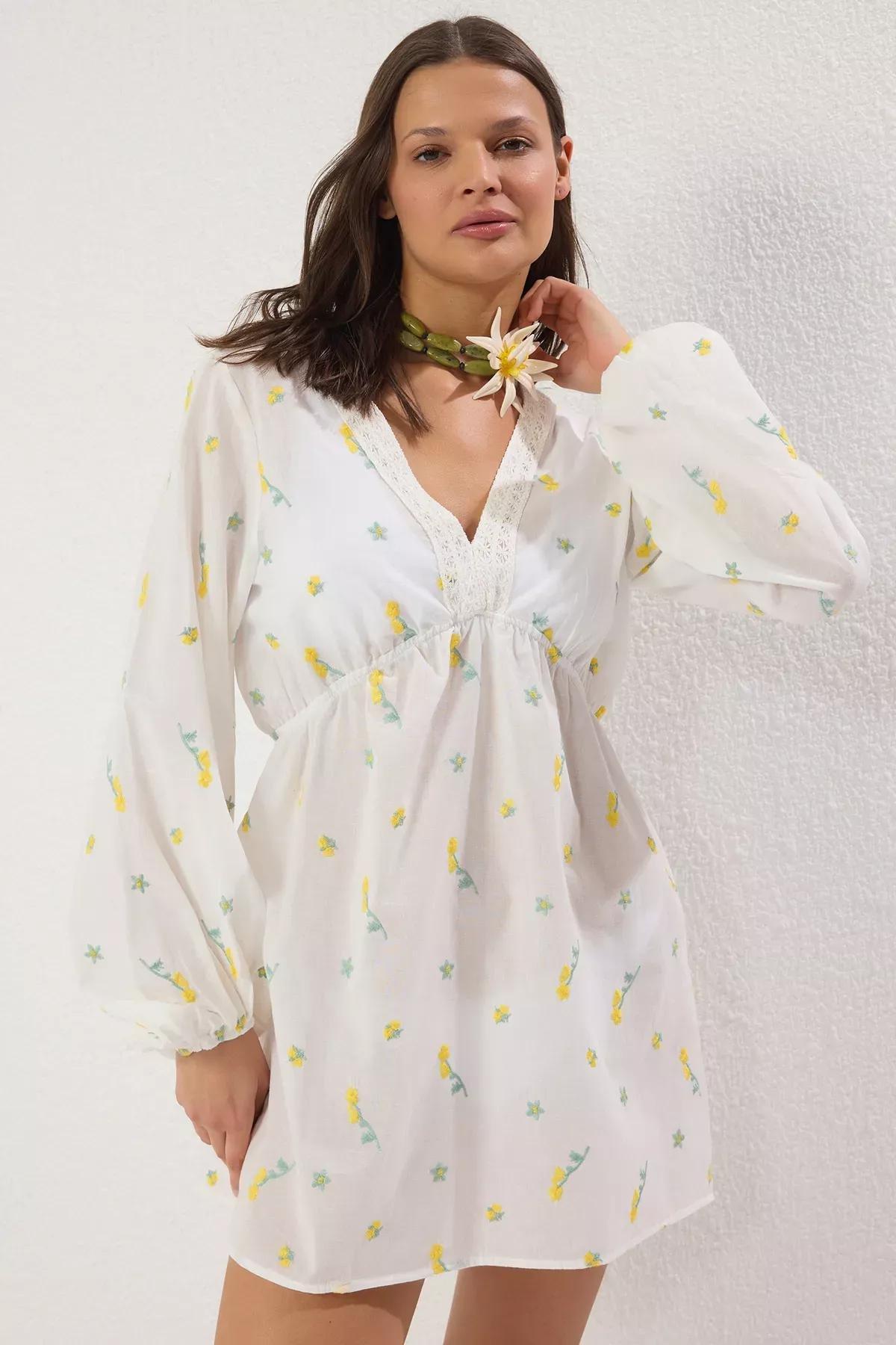 White Floral Patterned Linen Dress, Very colorful, large image number 2