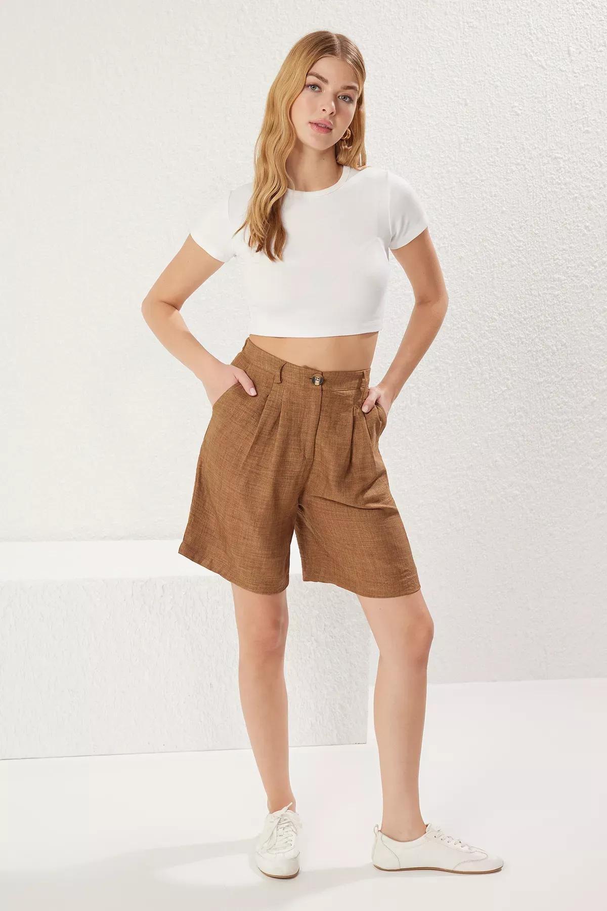 Brown Wide Leg Linen Shorts, , large image number 0