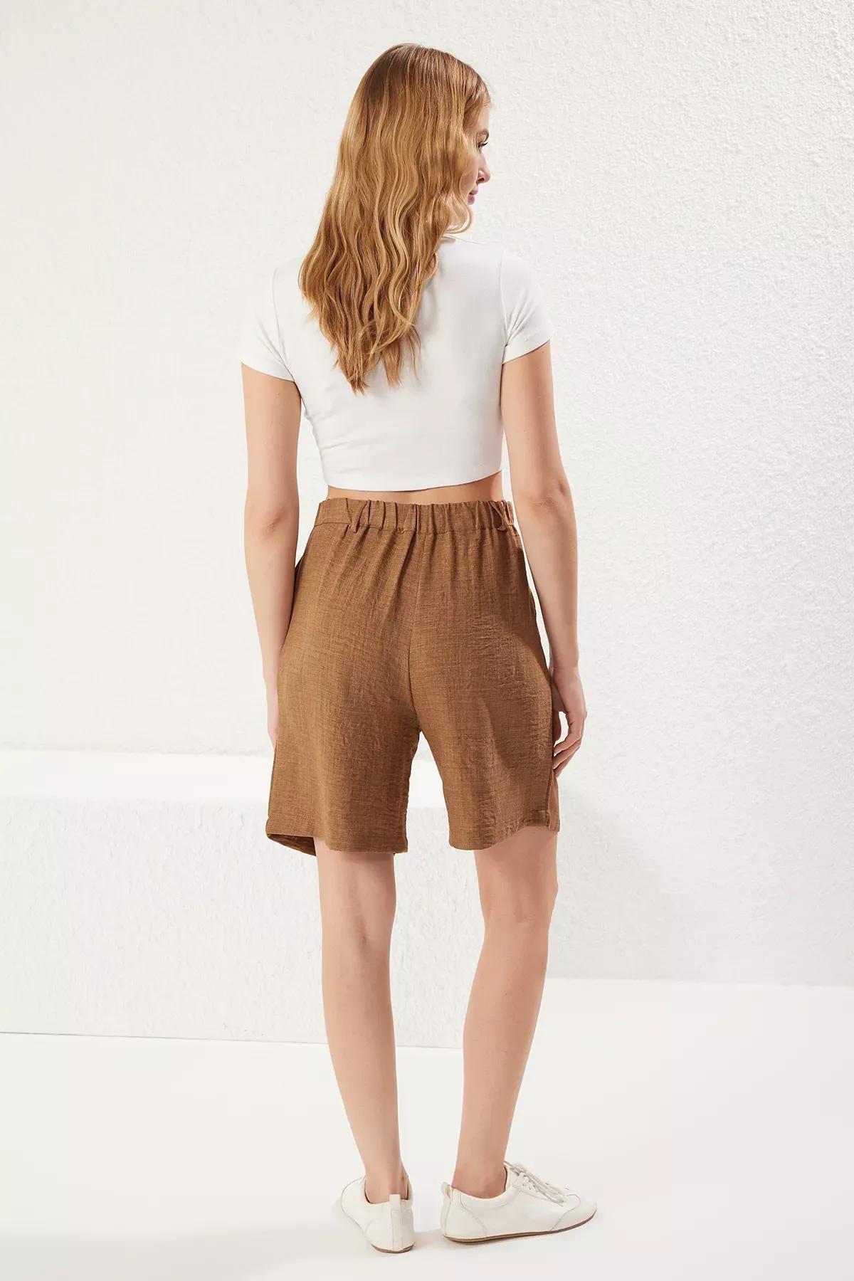 Brown Wide Leg Linen Shorts, , large image number 4