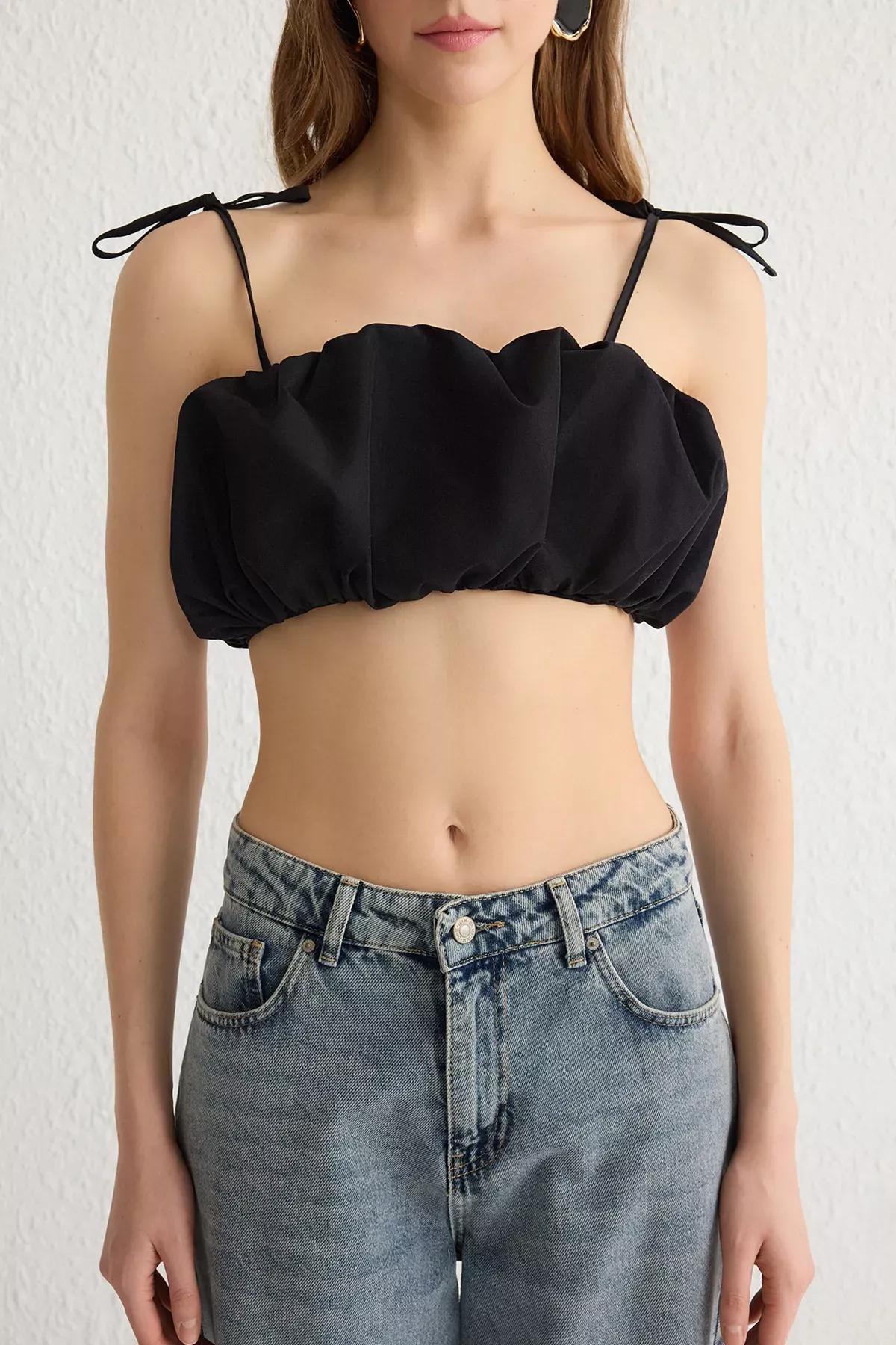 Black Gathered Strappy Super Crop Blouse, , large image number 2