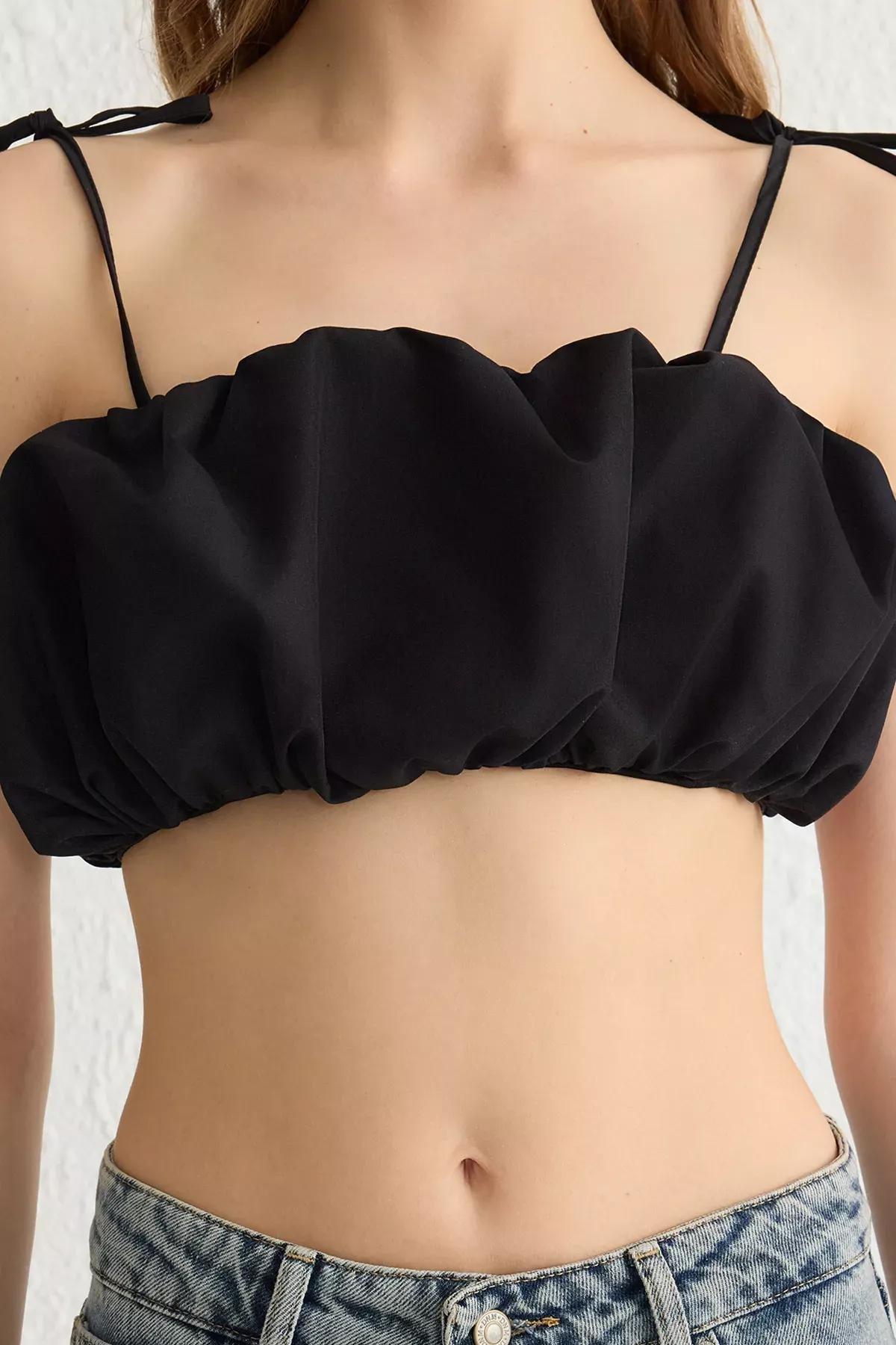Black Gathered Strappy Super Crop Blouse, , large image number 3