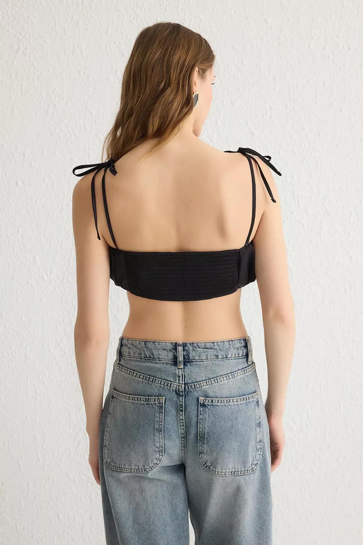 Black Gathered Strappy Super Crop Blouse, , large image number 4