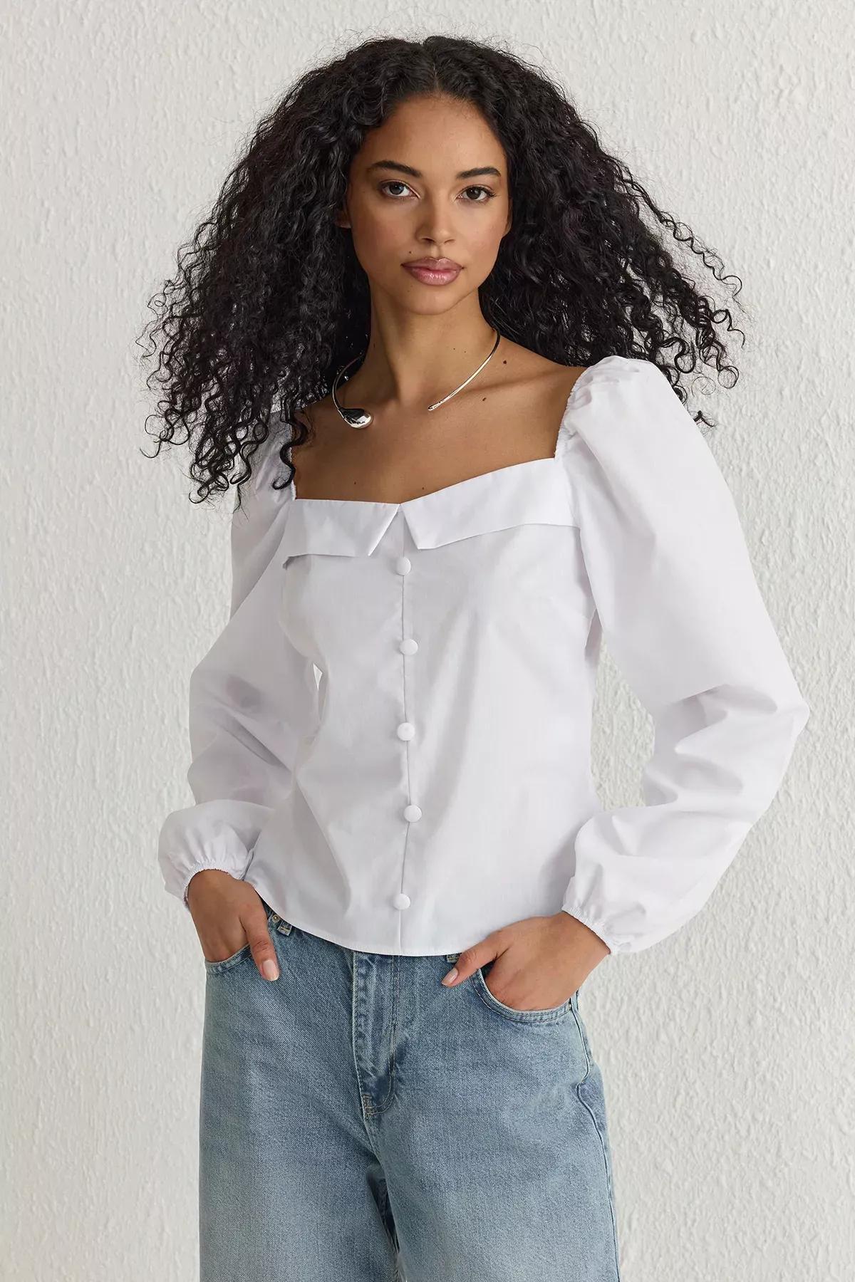 White Gathered Long Sleeve Collar Blouse, , large image number 0