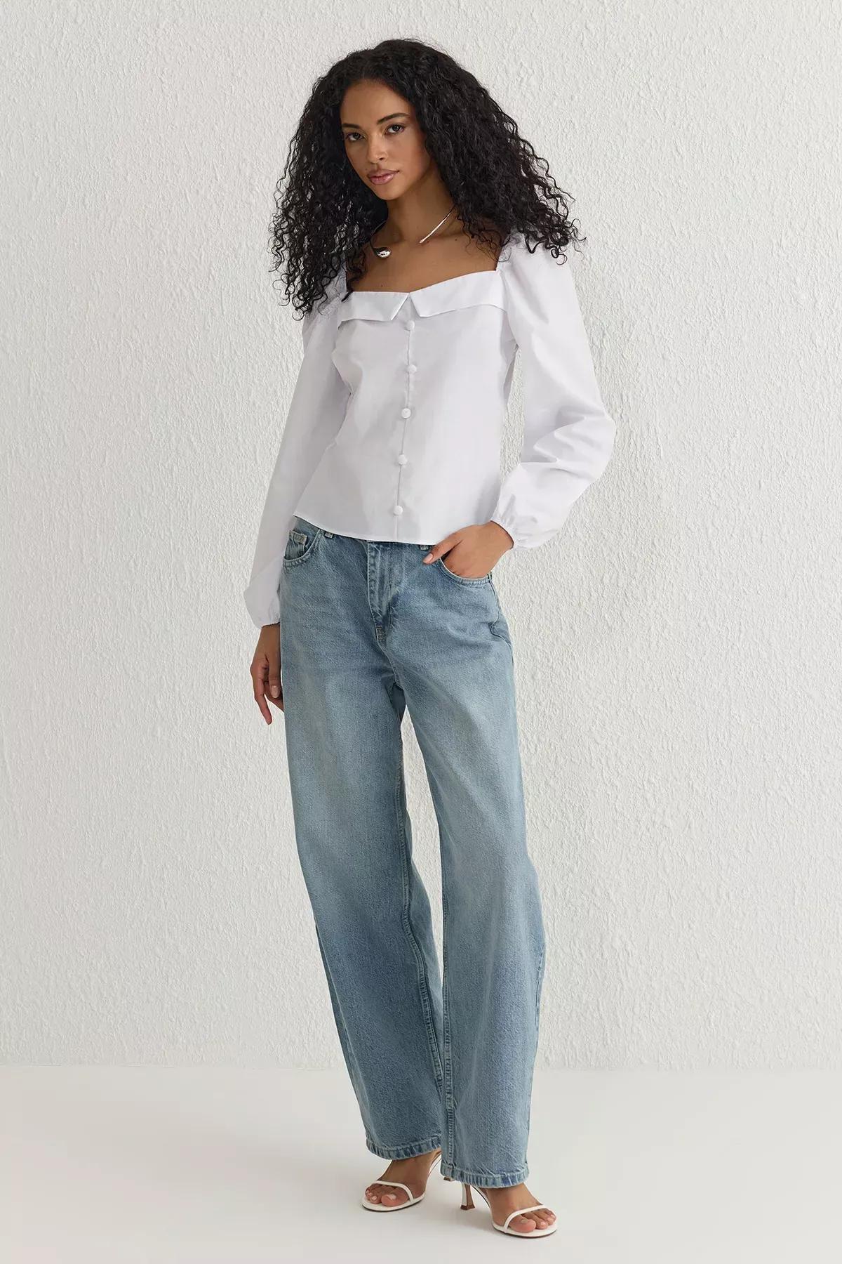 White Gathered Long Sleeve Collar Blouse, , large image number 1
