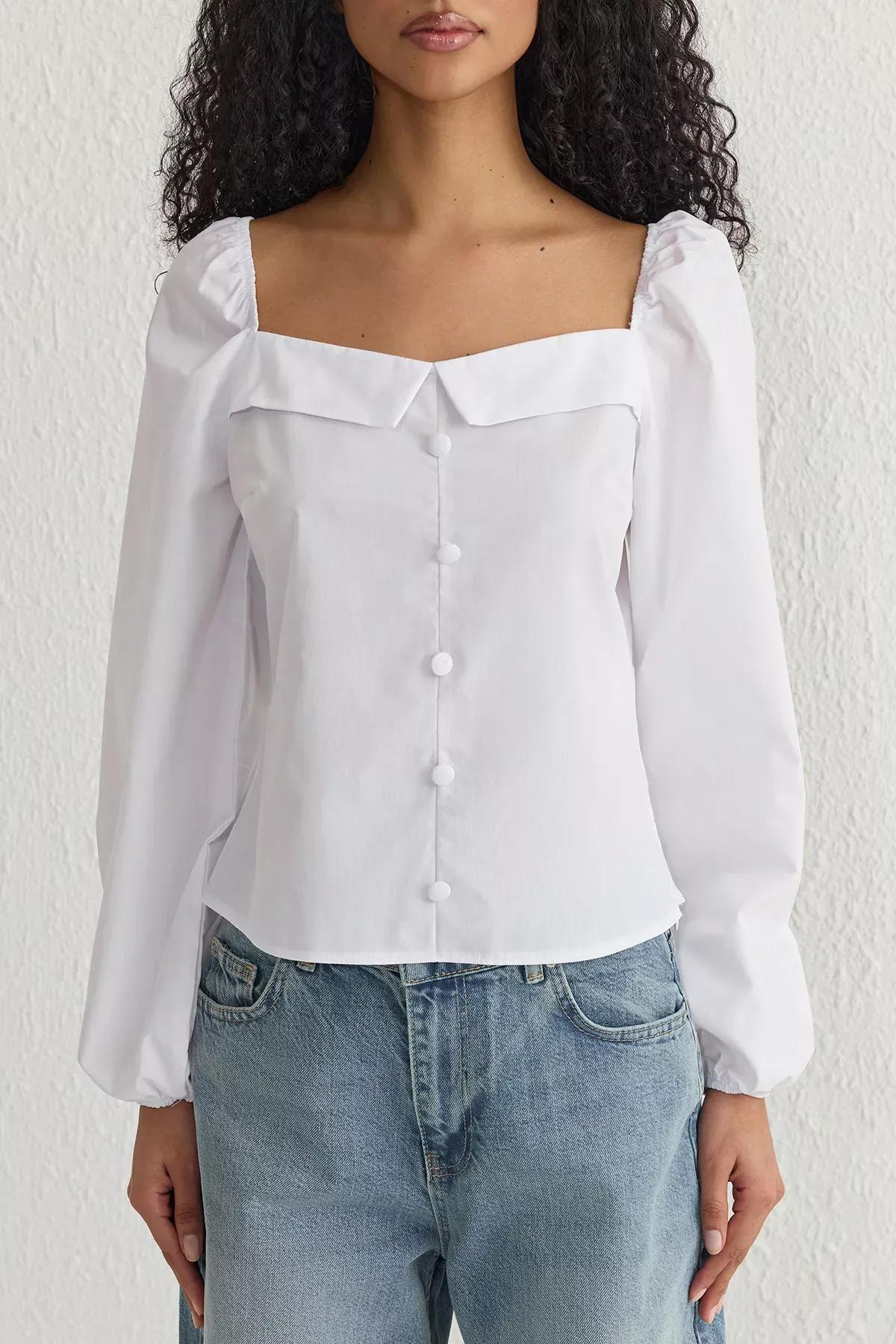 White Gathered Long Sleeve Collar Blouse, , large image number 3