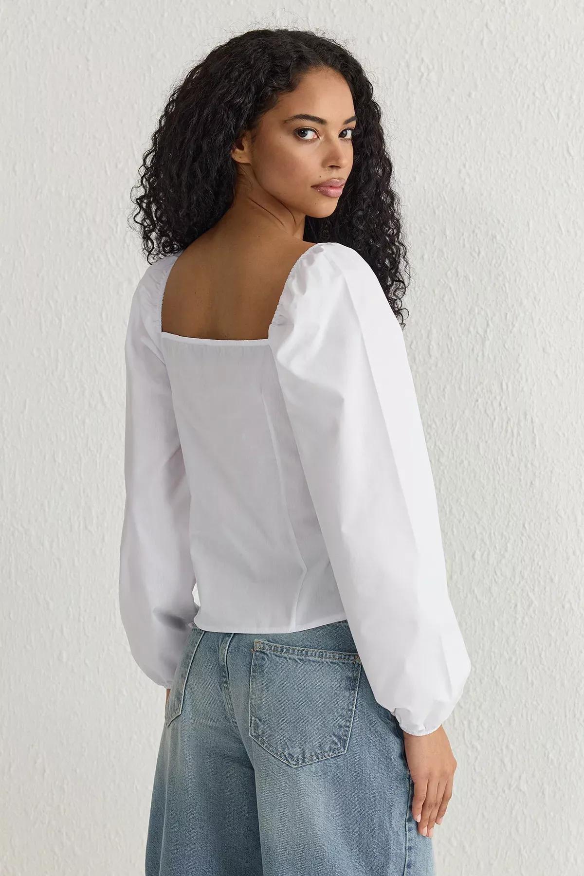 White Gathered Long Sleeve Collar Blouse, , large image number 4