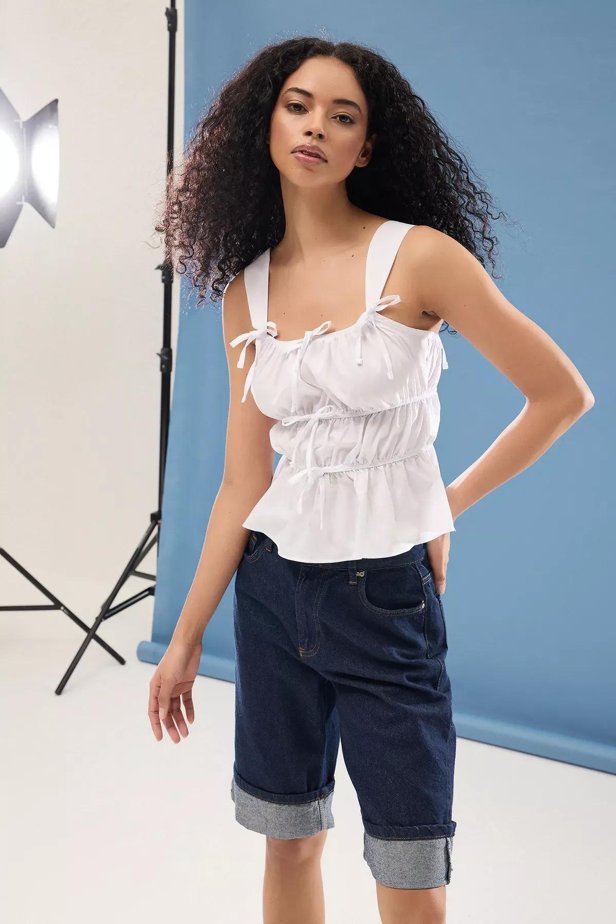 White Square Neck Gathered Blouse, White, large image number 1